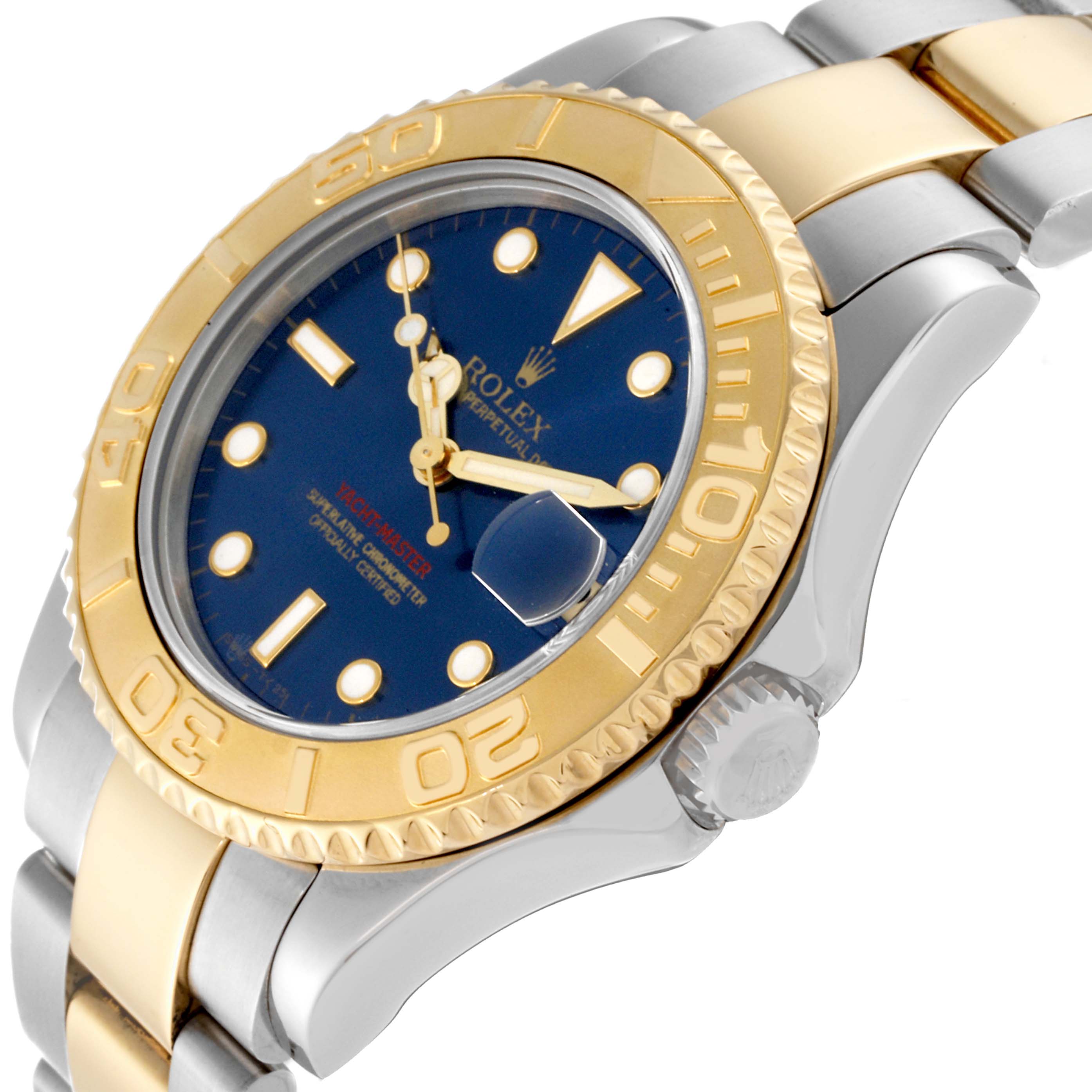 The image shows an angled view of the Rolex Yacht-Master 68623 Men
s Steel and Gold (two tone) Blue Dial 68623 Men
s Steel and Gold (two tone) Blue Dial watch, featuring its gold bezel, blue dial, and two-tone metal bracelet.