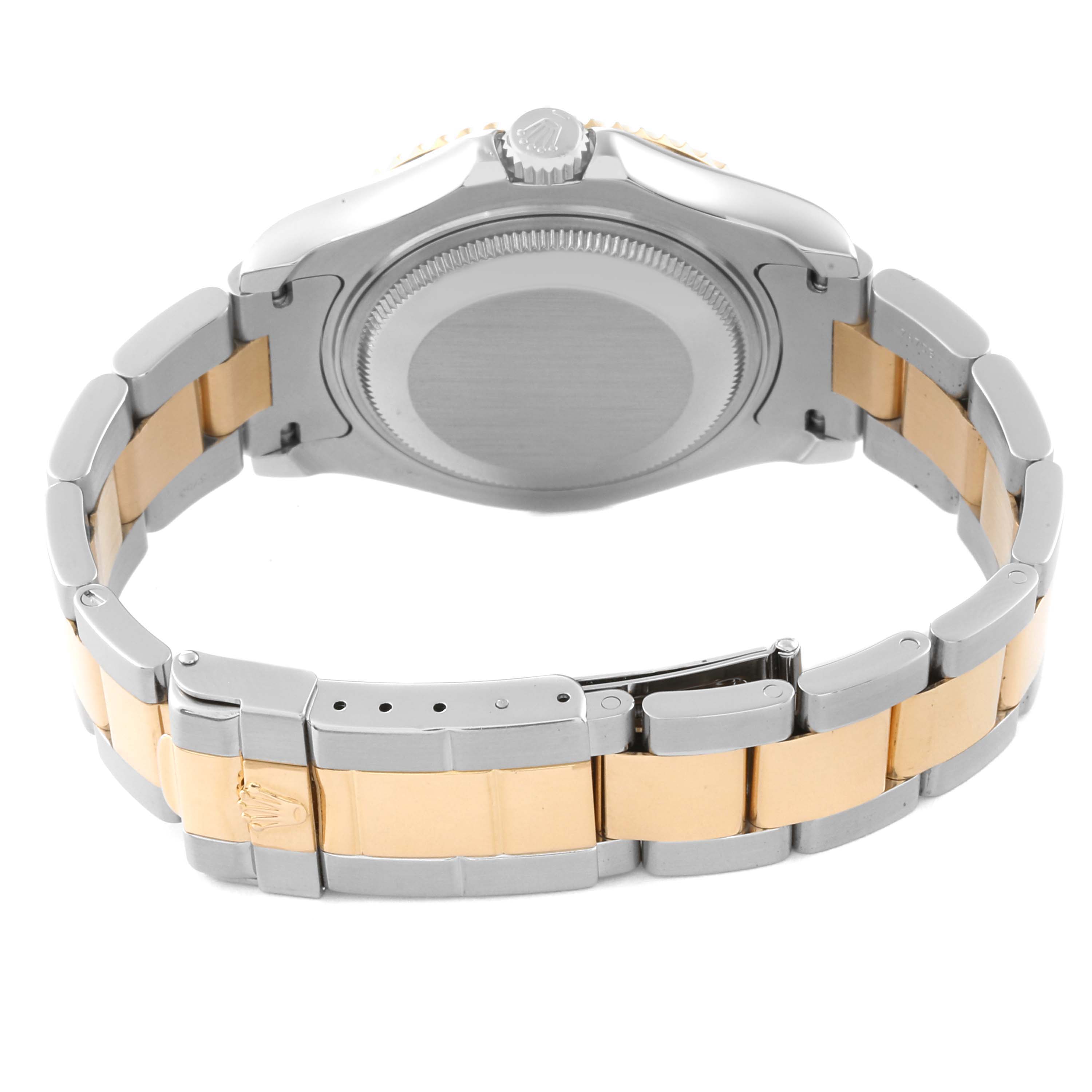 This image shows the back side of a Rolex Yacht-Master 68623 Men
s Steel and Gold (two tone) Blue Dial 68623 Men
s Steel and Gold (two tone) Blue Dial watch, focusing on the case back and the two-tone bracelet with the clasp.