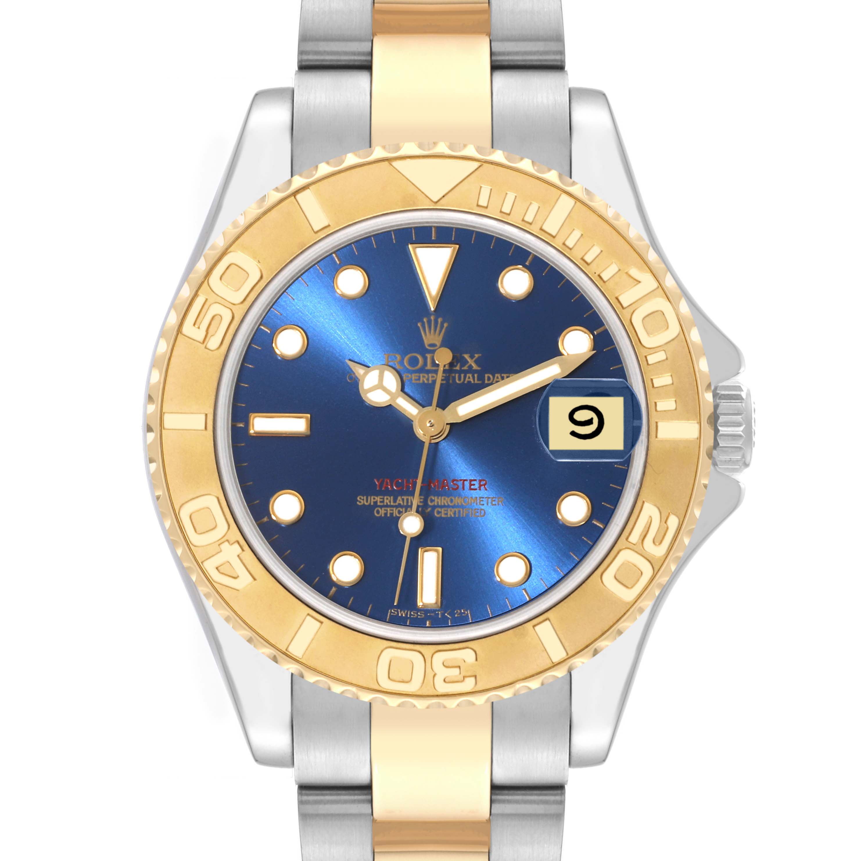 The image shows a front-angle view of a Rolex Yacht-Master 68623 Men
s Steel and Gold (two tone) Blue Dial 68623 Men
s Steel and Gold (two tone) Blue Dial watch, highlighting its blue dial, gold bezel, and two-tone bracelet.