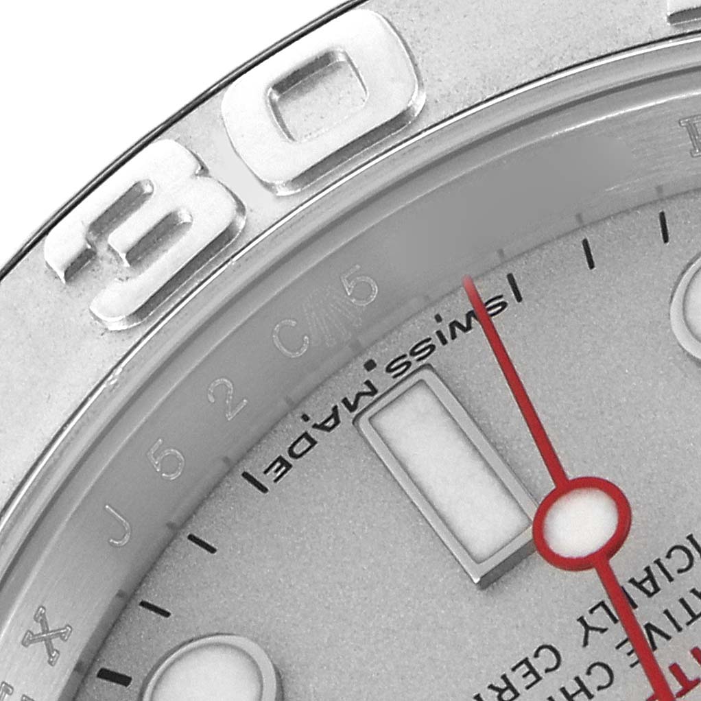 The image shows a close-up of the dial and bezel of a Rolex Yacht-Master 16622 Men's Stainless Steel Silver Dial 16622 Men's Stainless Steel Silver Dial, highlighting the 30-minute mark and part of the dial.