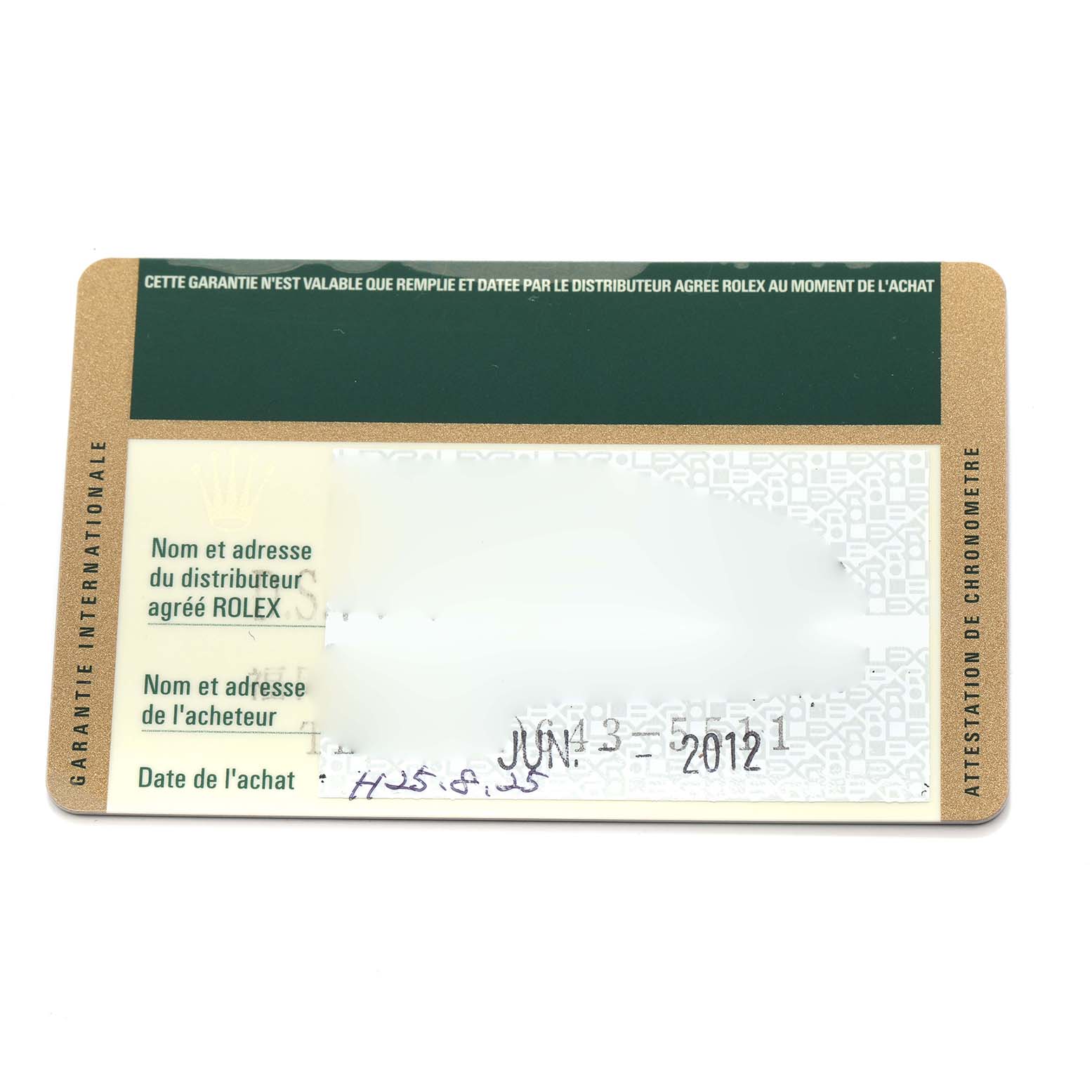 The image shows a warranty card for a Rolex Yacht-Master 16622 Men's Stainless Steel Silver Dial 16622 Men's Stainless Steel Silver Dial watch, displaying purchase and distributor information.