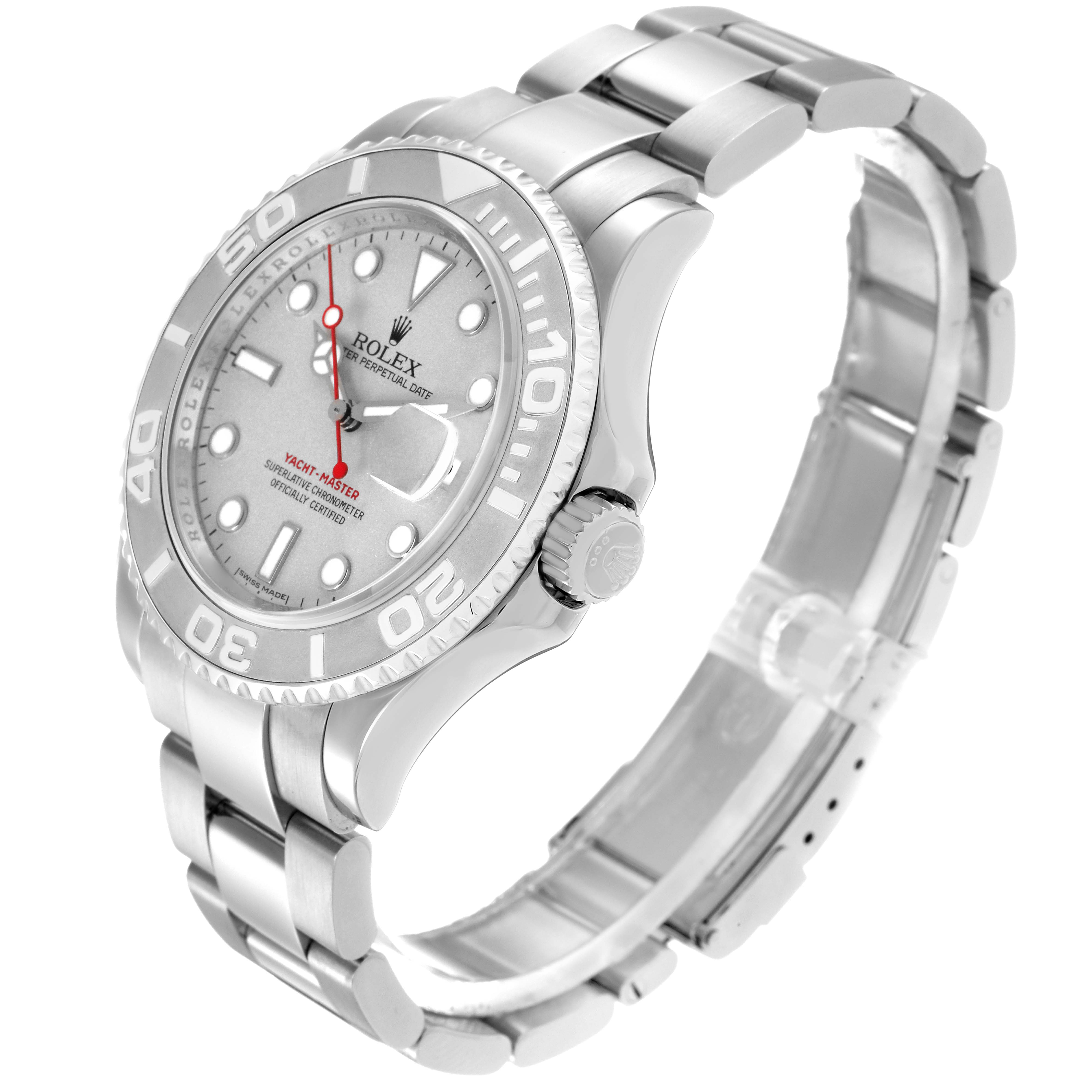 The Rolex Yacht-Master 16622 Men's Stainless Steel Silver Dial 16622 Men's Stainless Steel Silver Dial watch is shown at a tilted angle, displaying the face, bezel, crown, and metal bracelet.