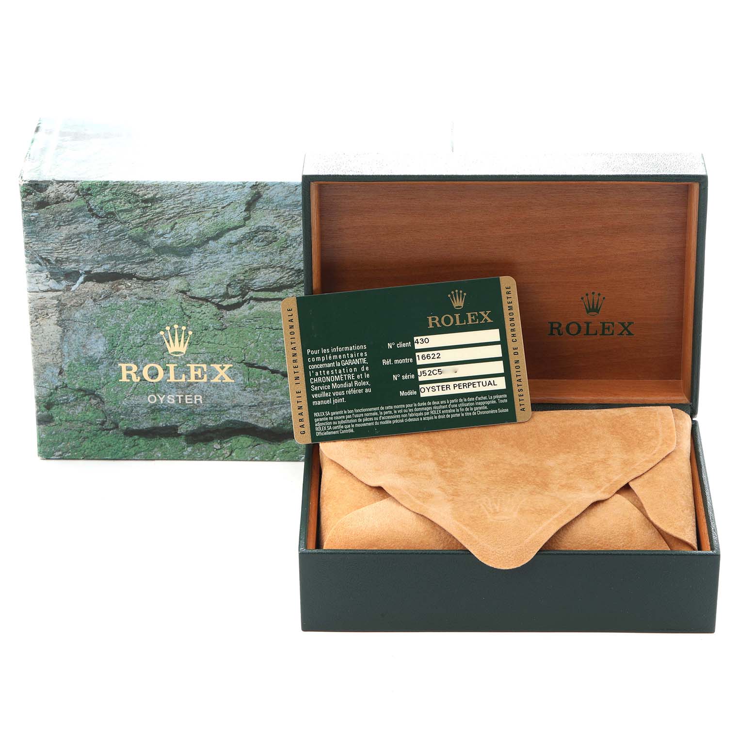 The image shows a Rolex Yacht-Master 16622 Men's Stainless Steel Silver Dial 16622 Men's Stainless Steel Silver Dial box, warranty card, and a wrapped watch, viewed from the top.