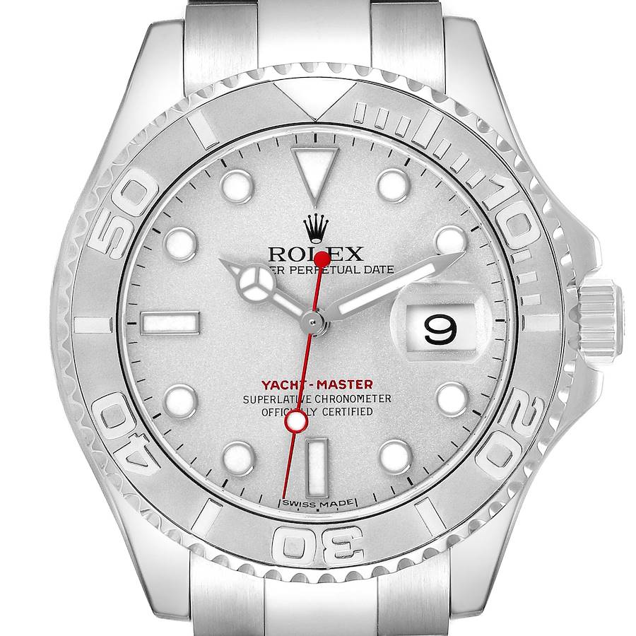 The image shows a front view of a Rolex Yacht-Master watch, displaying the dial, bezel, crown, and part of the bracelet.