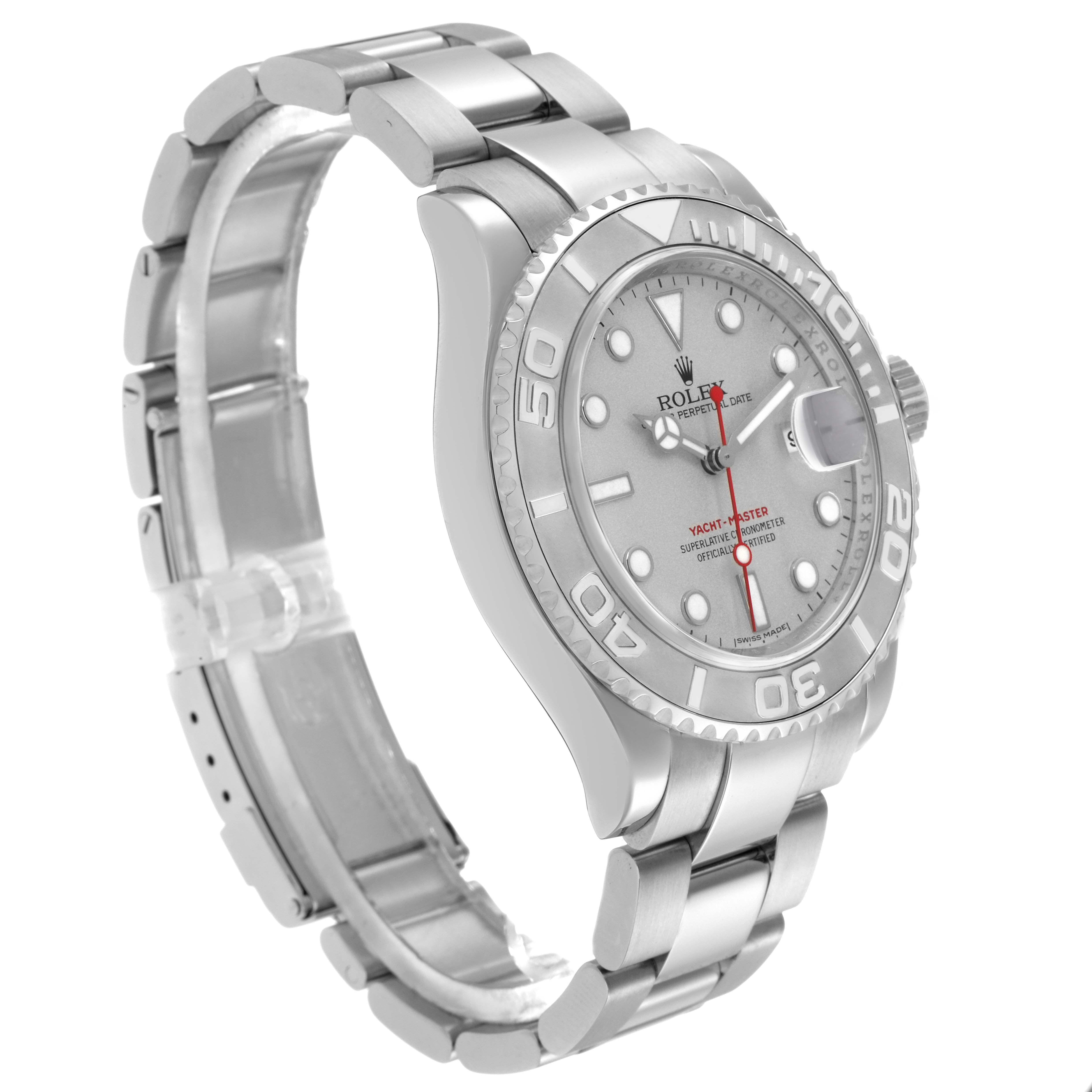 The Rolex Yacht-Master 16622 Men's Stainless Steel Silver Dial 16622 Men's Stainless Steel Silver Dial watch is shown at a three-quarter angle, displaying the dial, bezel, and bracelet.