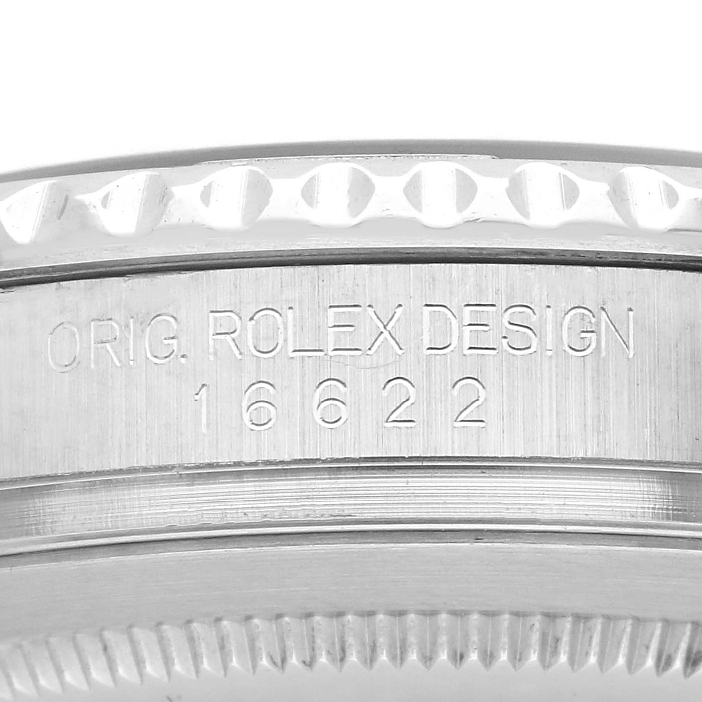 The image shows a close-up of the side of a Rolex Yacht-Master 16622 Men's Stainless Steel Silver Dial 16622 Men's Stainless Steel Silver Dial, focusing on the engraved model number.