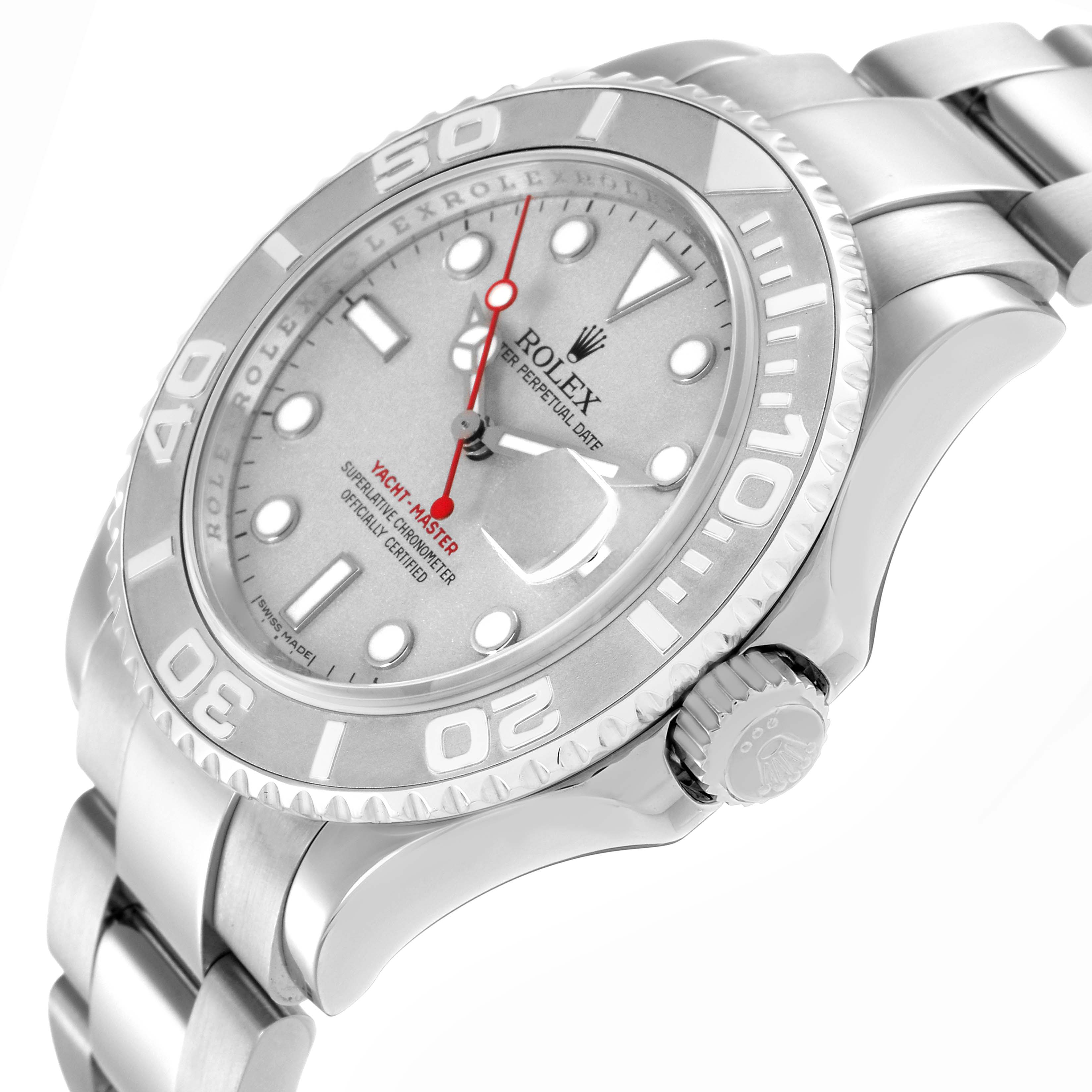 The Rolex Yacht-Master 16622 Men's Stainless Steel Silver Dial 16622 Men's Stainless Steel Silver Dial is shown from a side angle, displaying the bezel, dial, crown, and part of the bracelet.