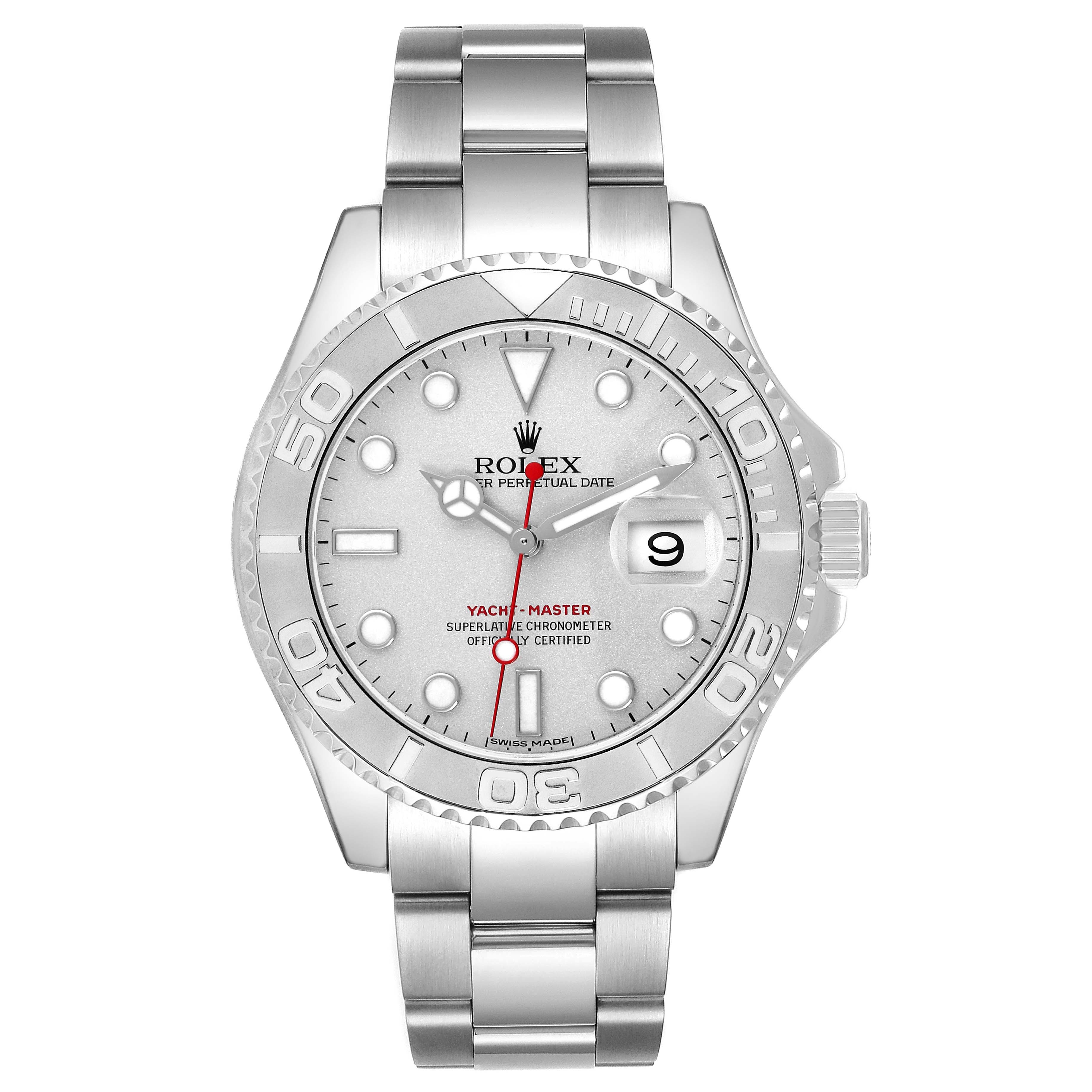 The Rolex Yacht-Master 16622 Men's Stainless Steel Silver Dial 16622 Men's Stainless Steel Silver Dial watch is shown from a front view, displaying the dial, bezel, and bracelet.