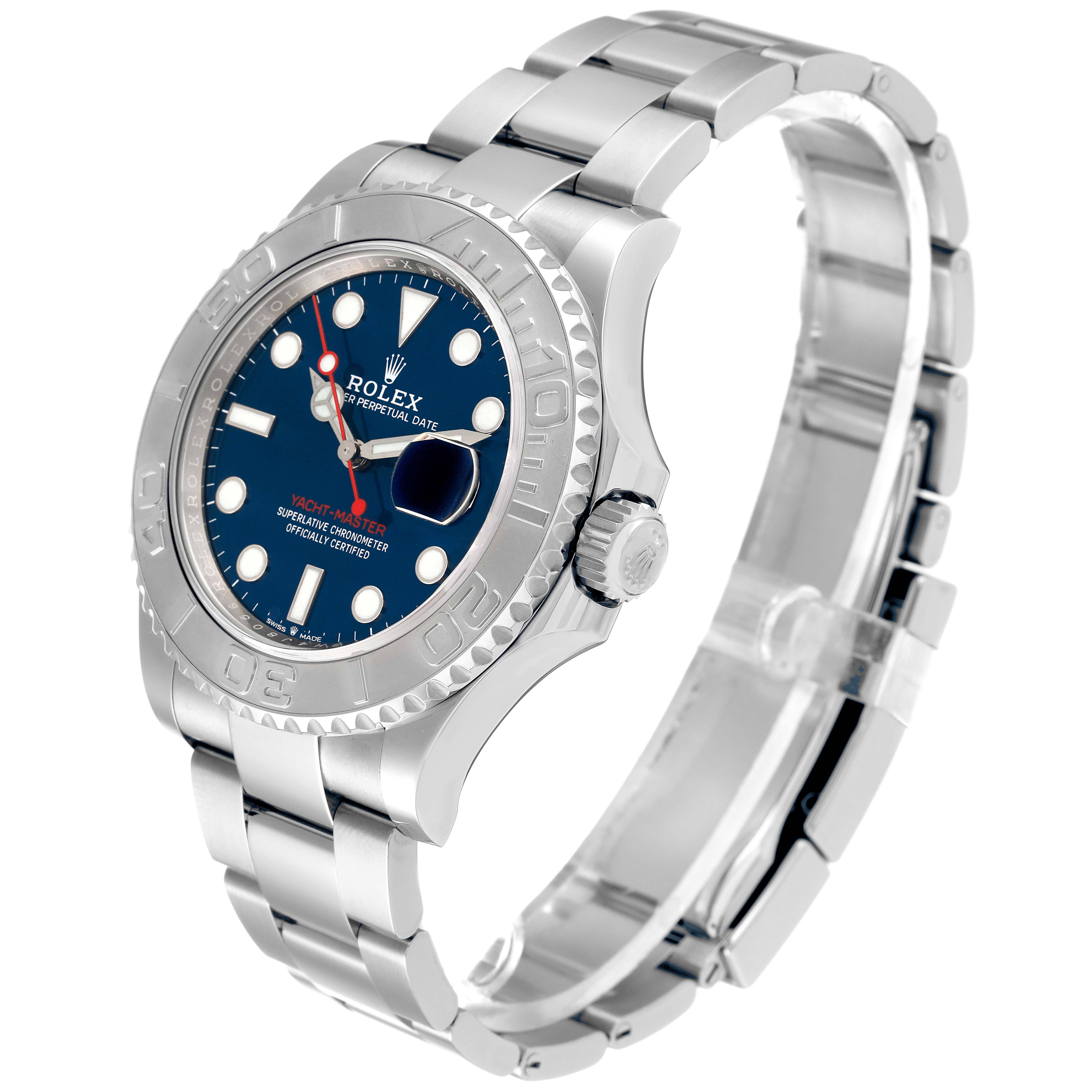 The Rolex Yacht-Master 126622 Men's Stainless Steel Blue Dial 126622 Men's Stainless Steel Blue Dial watch is shown at a three-quarter angle, displaying the face, bezel, and part of the bracelet.