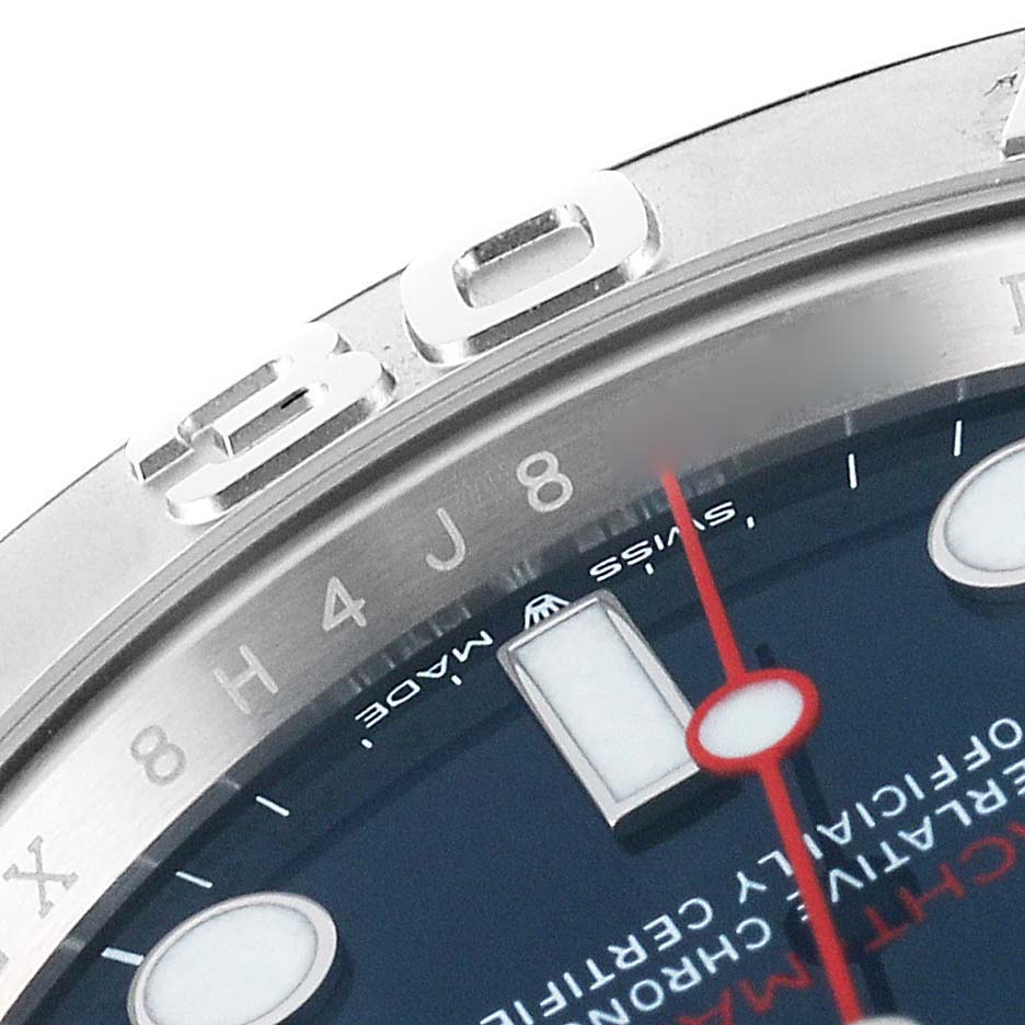 This close-up shows the bezel, part of the dial, and the "Swiss Made" marking of the Rolex Yacht-Master 126622 Men's Stainless Steel Blue Dial 126622 Men's Stainless Steel Blue Dial watch.