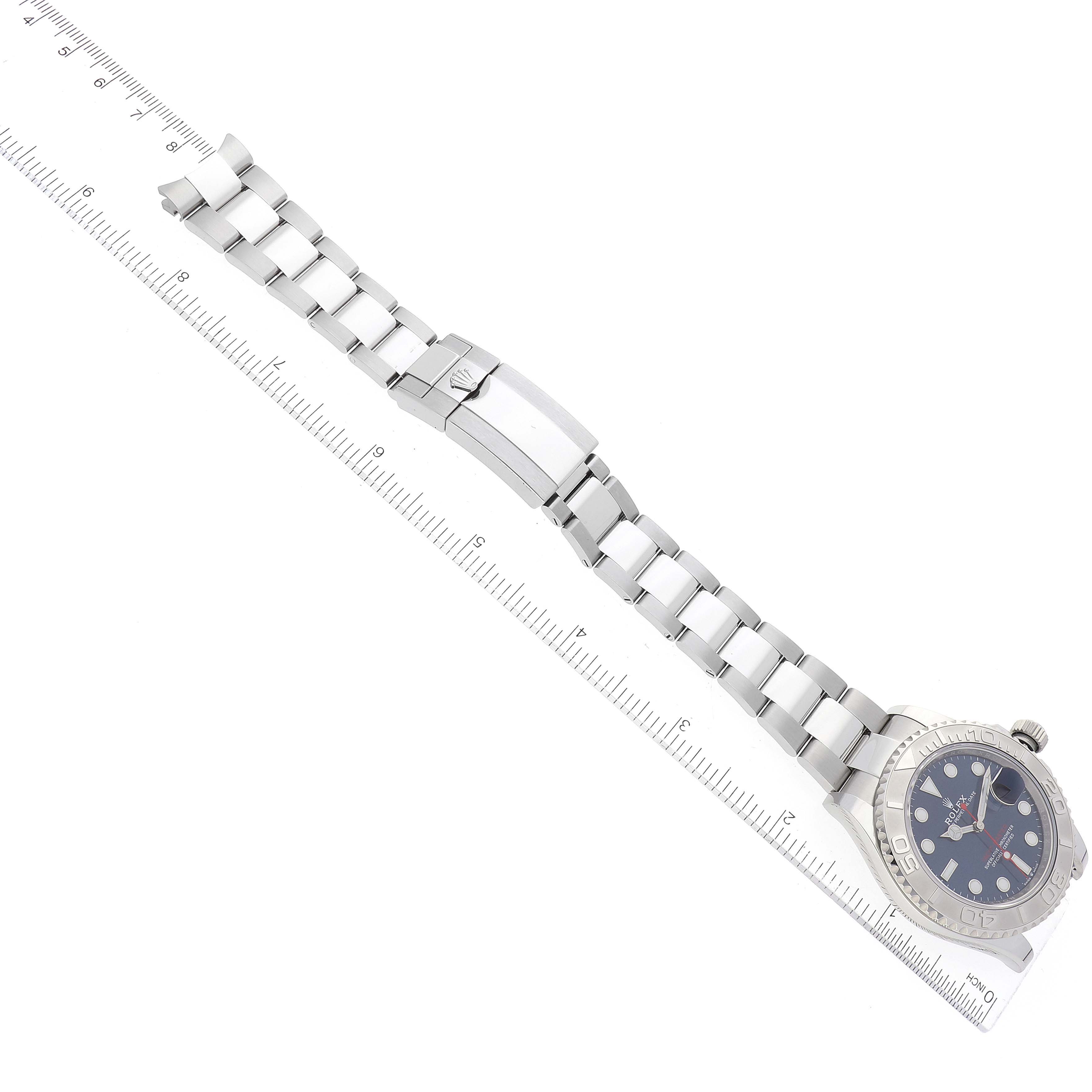 This image shows a top-down view of the Rolex Yacht-Master 126622 Men's Stainless Steel Blue Dial 126622 Men's Stainless Steel Blue Dial watch, displaying the dial, crown, and full length of the bracelet.