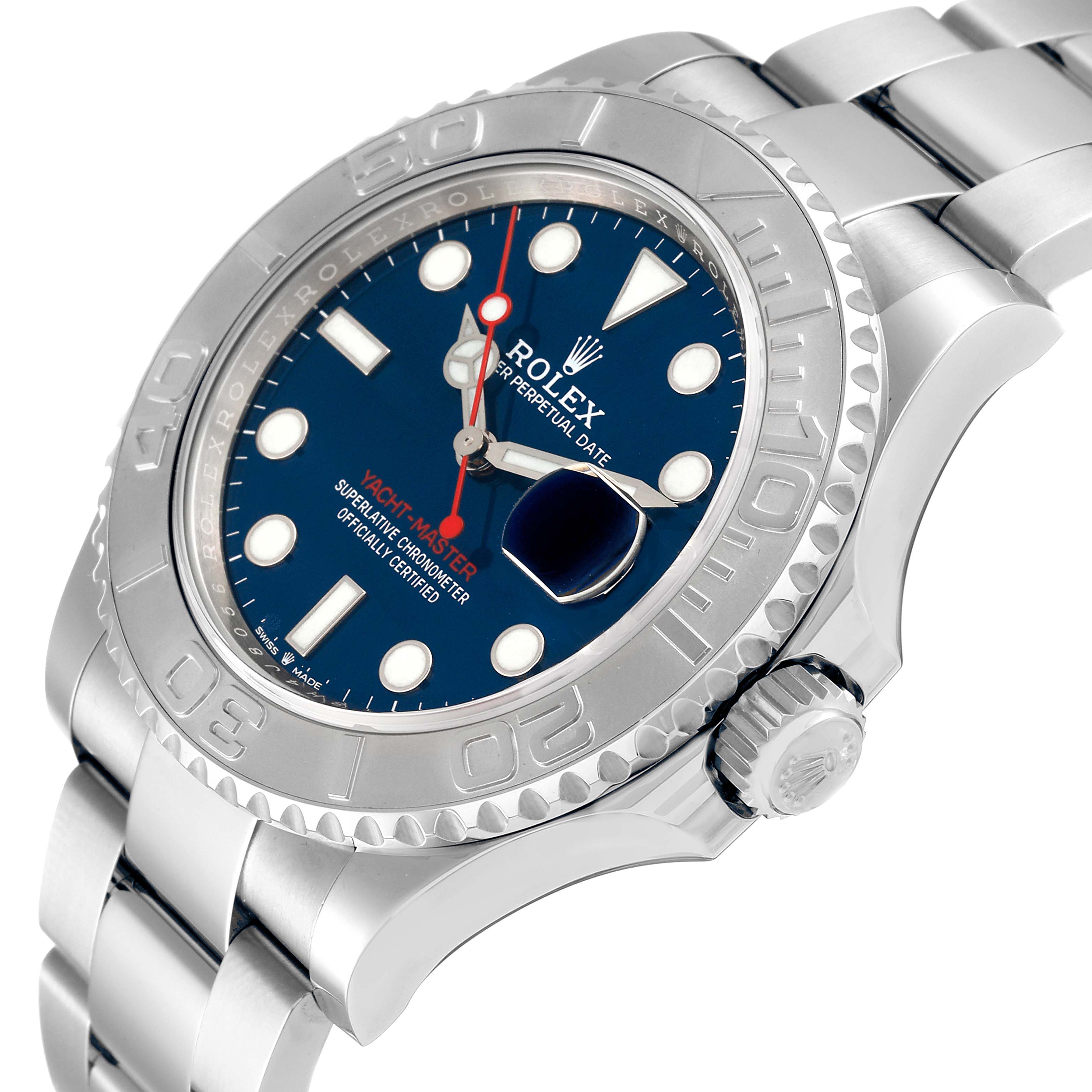 The image shows a close-up of a Rolex Yacht-Master 126622 Men's Stainless Steel Blue Dial 126622 Men's Stainless Steel Blue Dial watch at an angled side view.