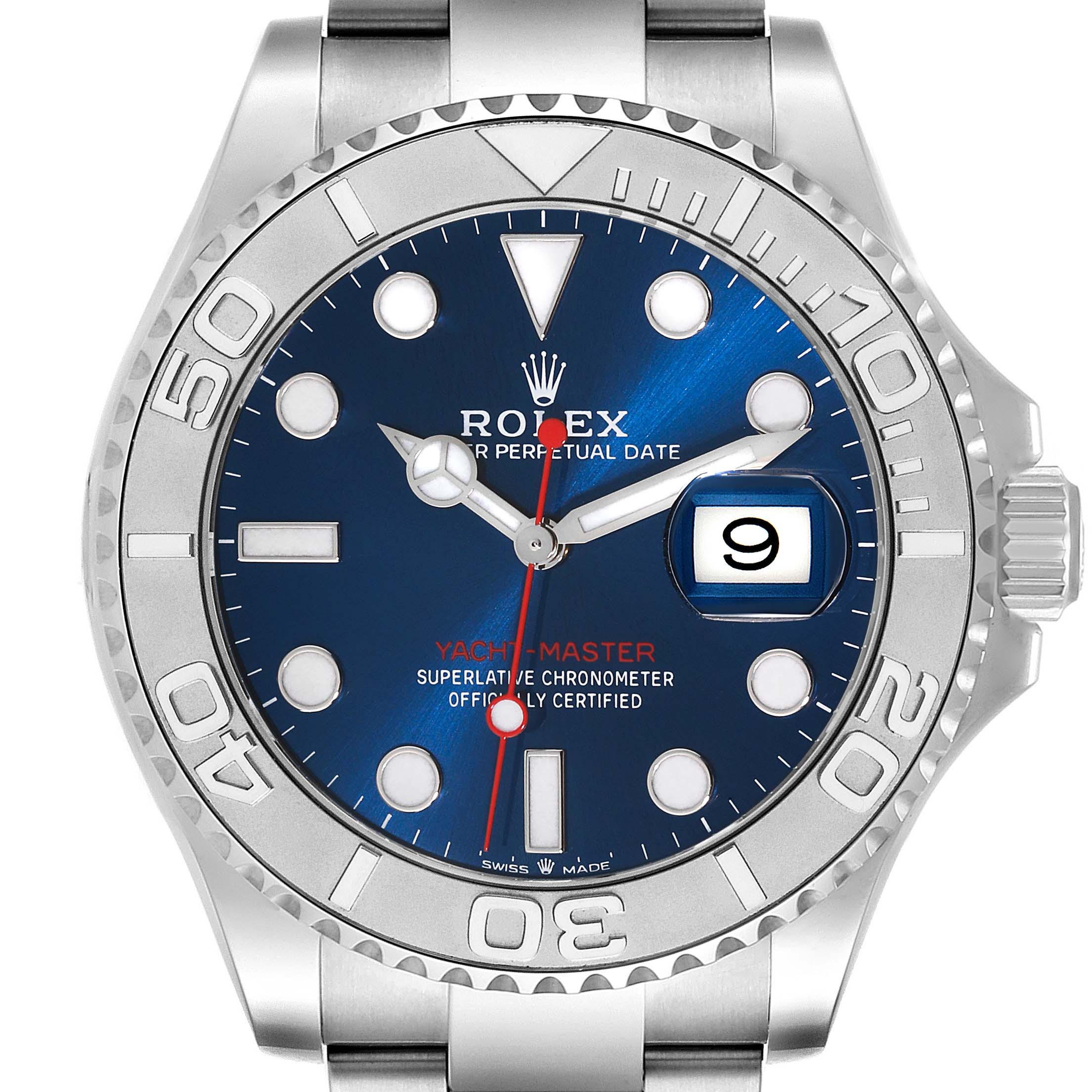 The image shows a front view of a Rolex Yacht-Master 126622 Men's Stainless Steel Blue Dial 126622 Men's Stainless Steel Blue Dial watch, featuring the dial, bezel, and part of the bracelet.