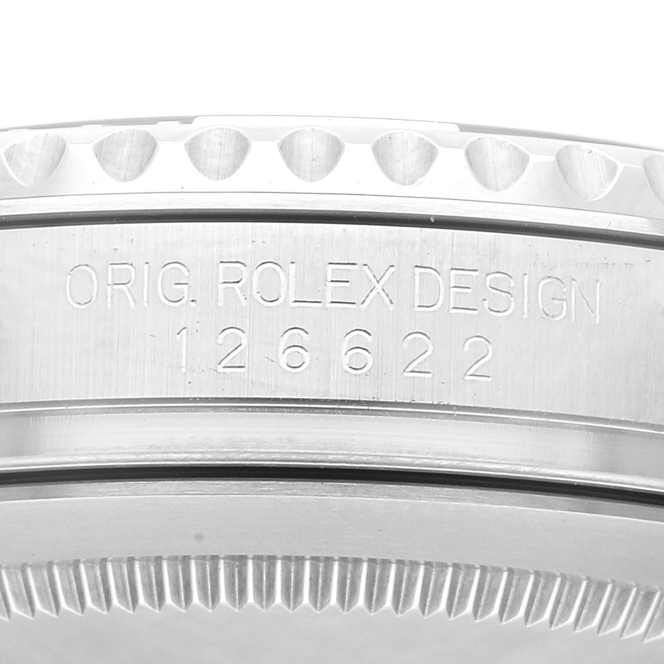 The image shows a close-up view of the engraved case side of a Rolex Yacht-Master 126622 Men's Stainless Steel Blue Dial 126622 Men's Stainless Steel Blue Dial, highlighting the model number 126622.