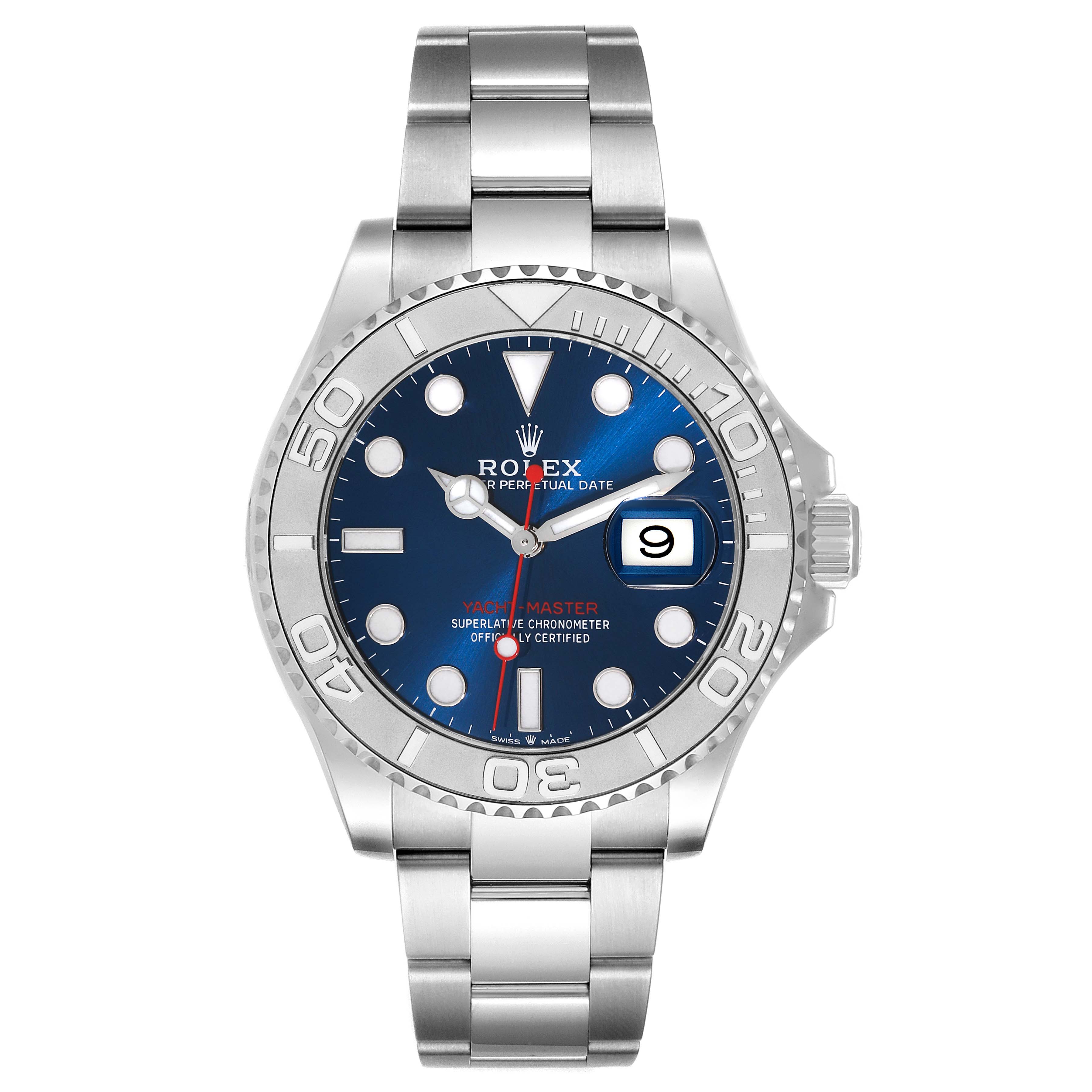 The image shows a frontal view of the Rolex Yacht-Master 126622 Men's Stainless Steel Blue Dial 126622 Men's Stainless Steel Blue Dial watch, featuring its face, dial, bezel, hands, and bracelet.