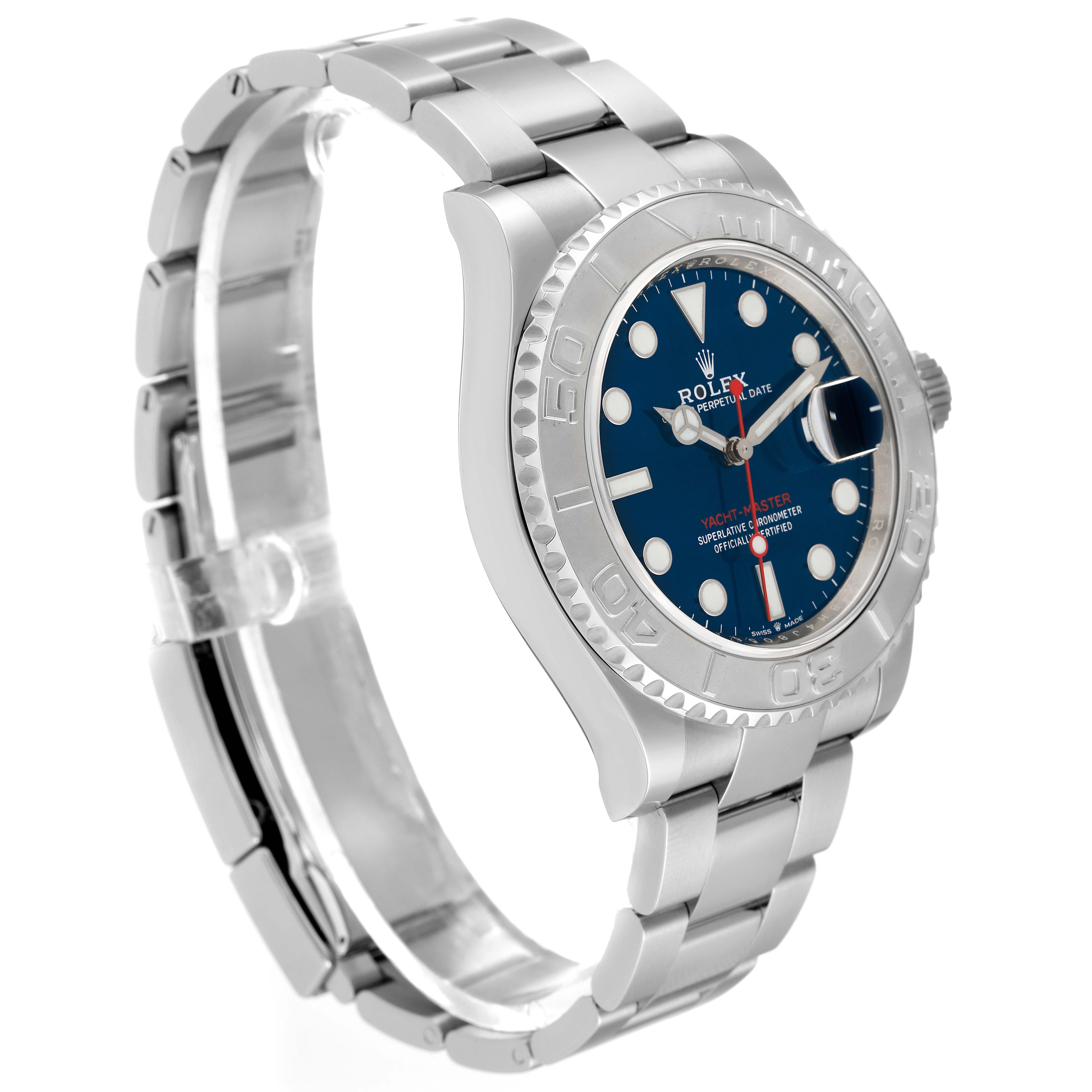 The image shows a side profile of the Rolex Yacht-Master 126622 Men's Stainless Steel Blue Dial 126622 Men's Stainless Steel Blue Dial watch, highlighting the bracelet, bezel, and dial.