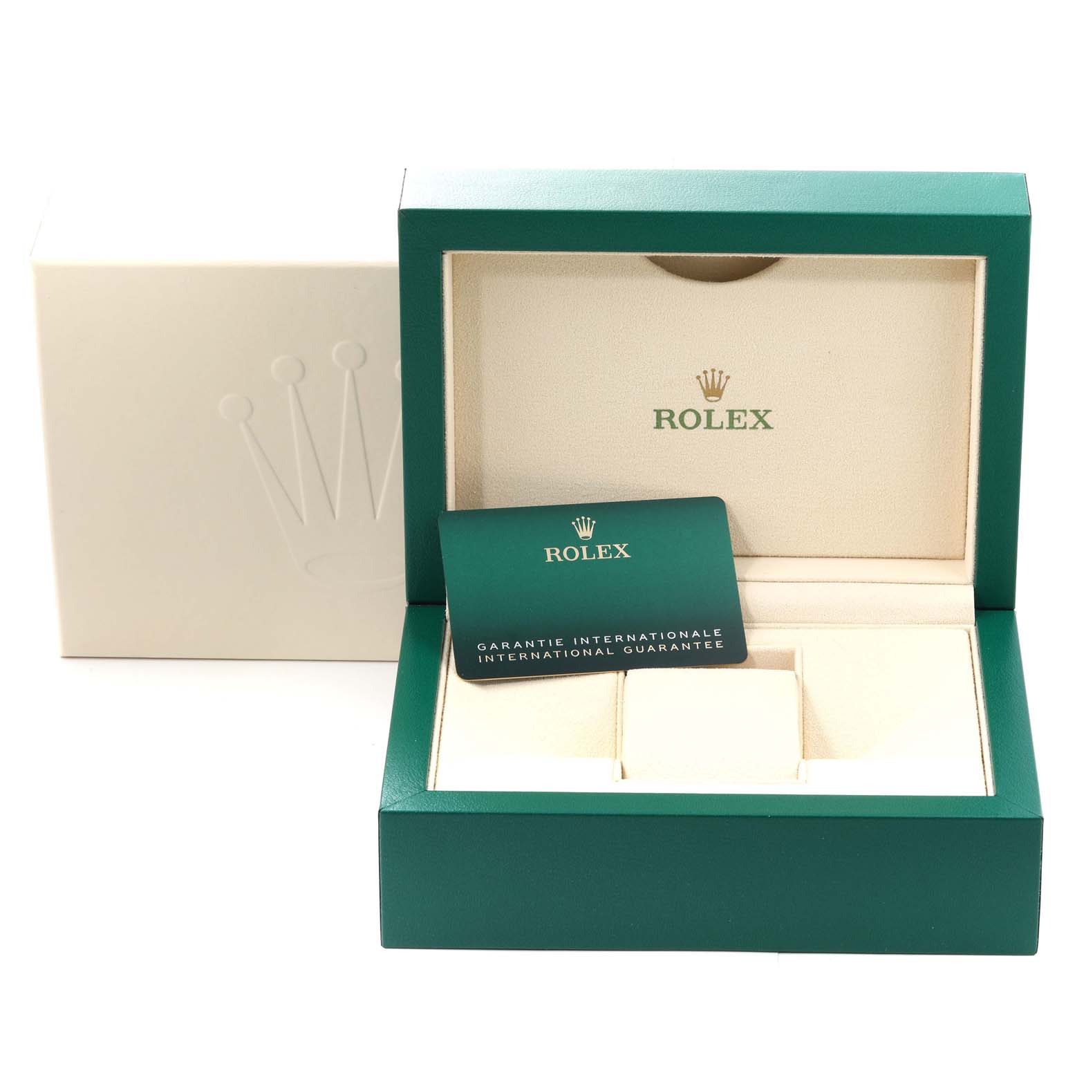 The image shows the open box and guarantee card for a Rolex Yacht-Master 126622 Men's Stainless Steel Blue Dial 126622 Men's Stainless Steel Blue Dial watch.