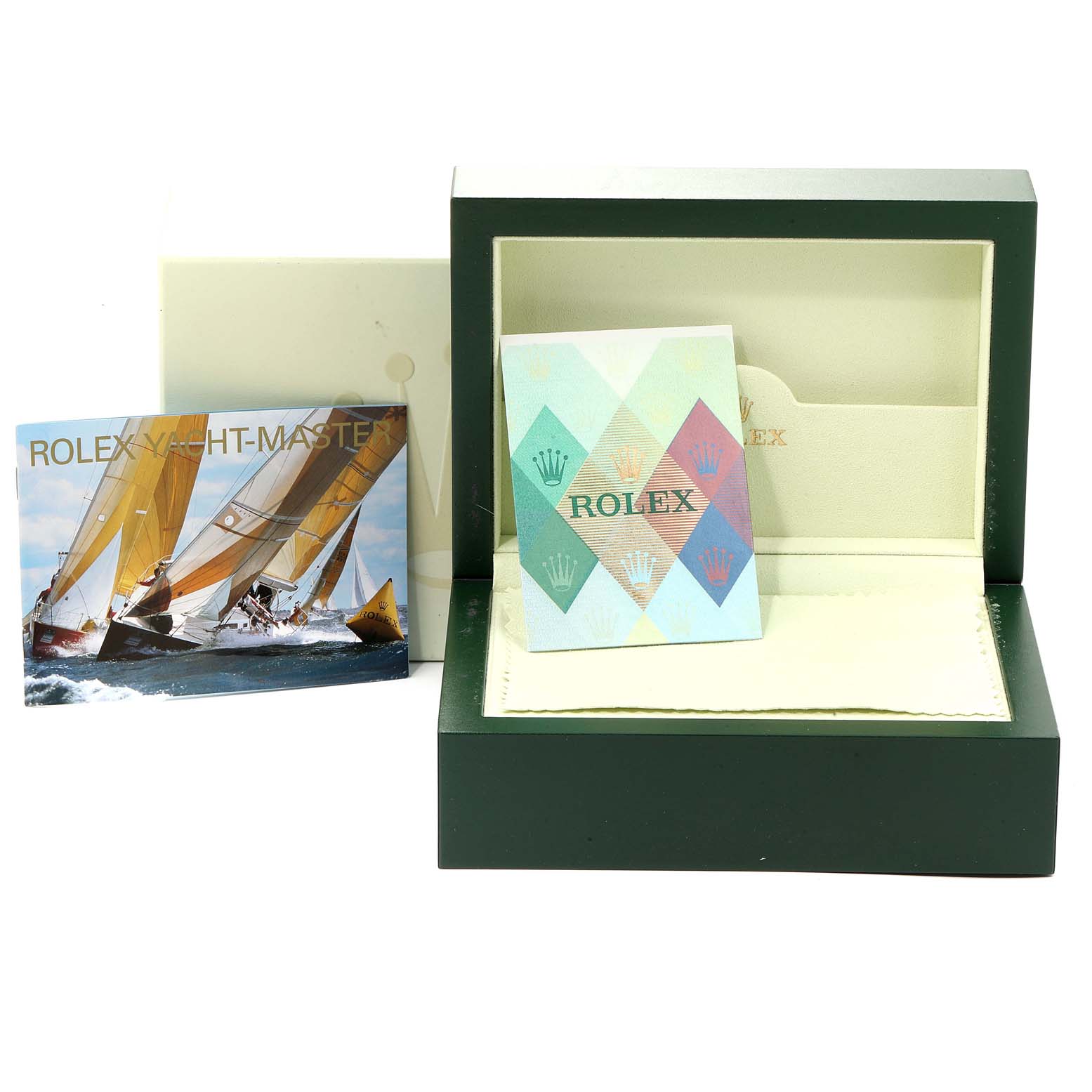The image shows the open green box and accompanying accessories for a Rolex Yacht-Master 16623  Men
s Steel and Gold (two tone) White Dial 16623  Men
s Steel and Gold (two tone) White Dial watch, including warranty cards and booklets.