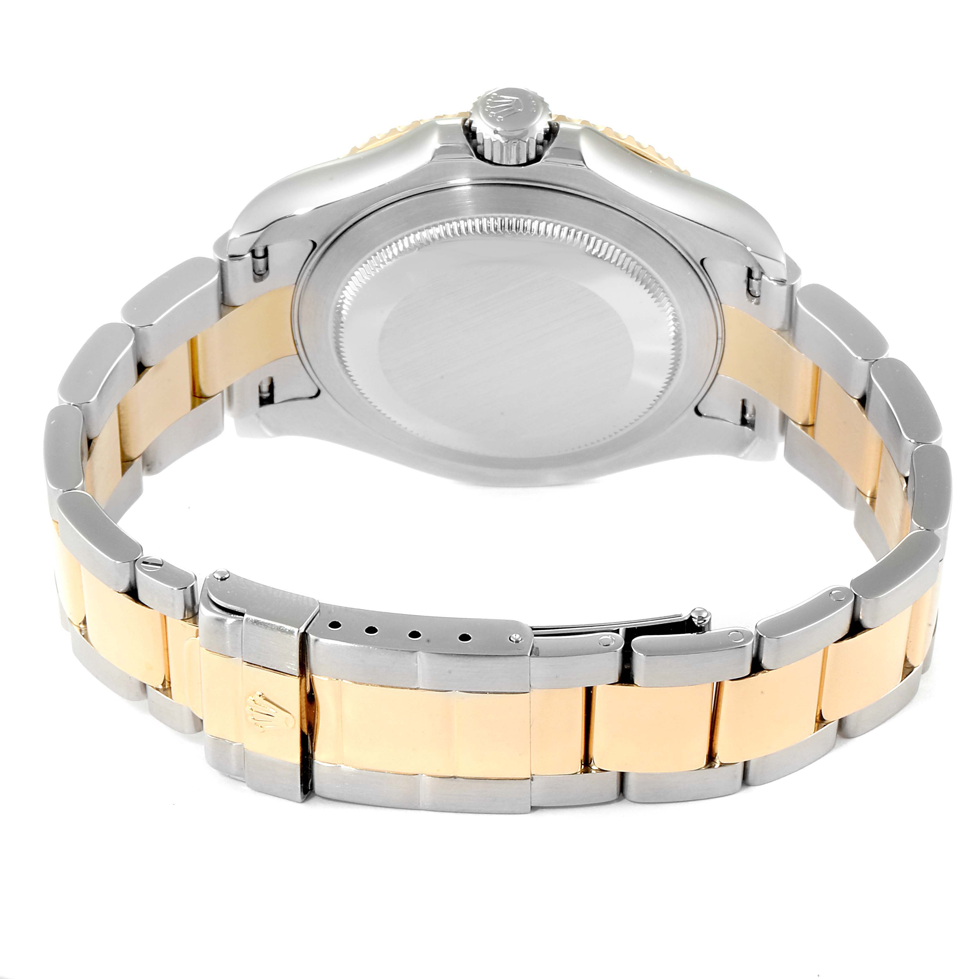 This image shows the back casing and full bracelet of a Rolex Yacht-Master 16623  Men
s Steel and Gold (two tone) White Dial 16623  Men
s Steel and Gold (two tone) White Dial watch, viewed from a rear angle.