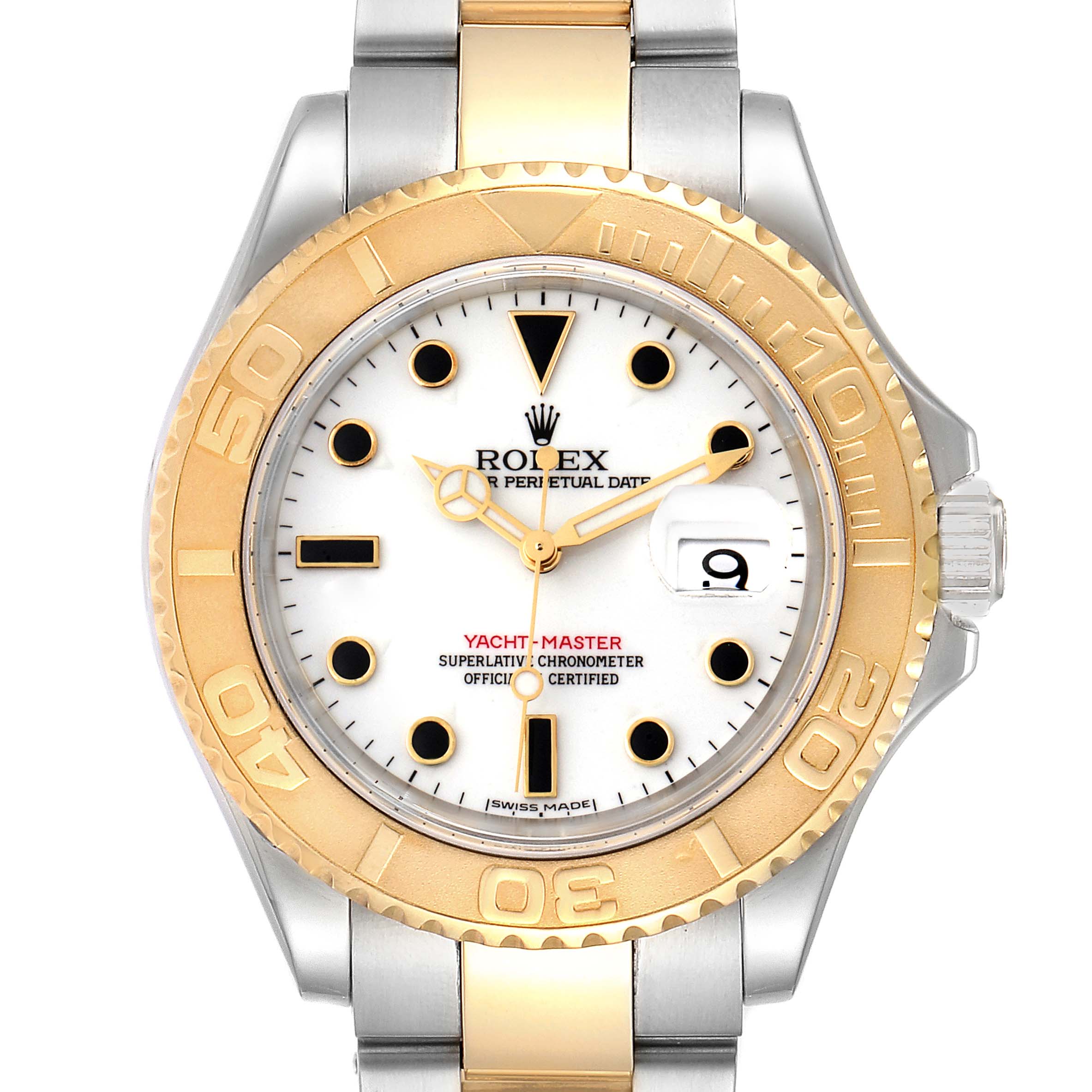 The image shows a Rolex Yacht-Master 16623  Men
s Steel and Gold (two tone) White Dial 16623  Men
s Steel and Gold (two tone) White Dial watch from a front angle, displaying its dial, bezel, and part of the bracelet.