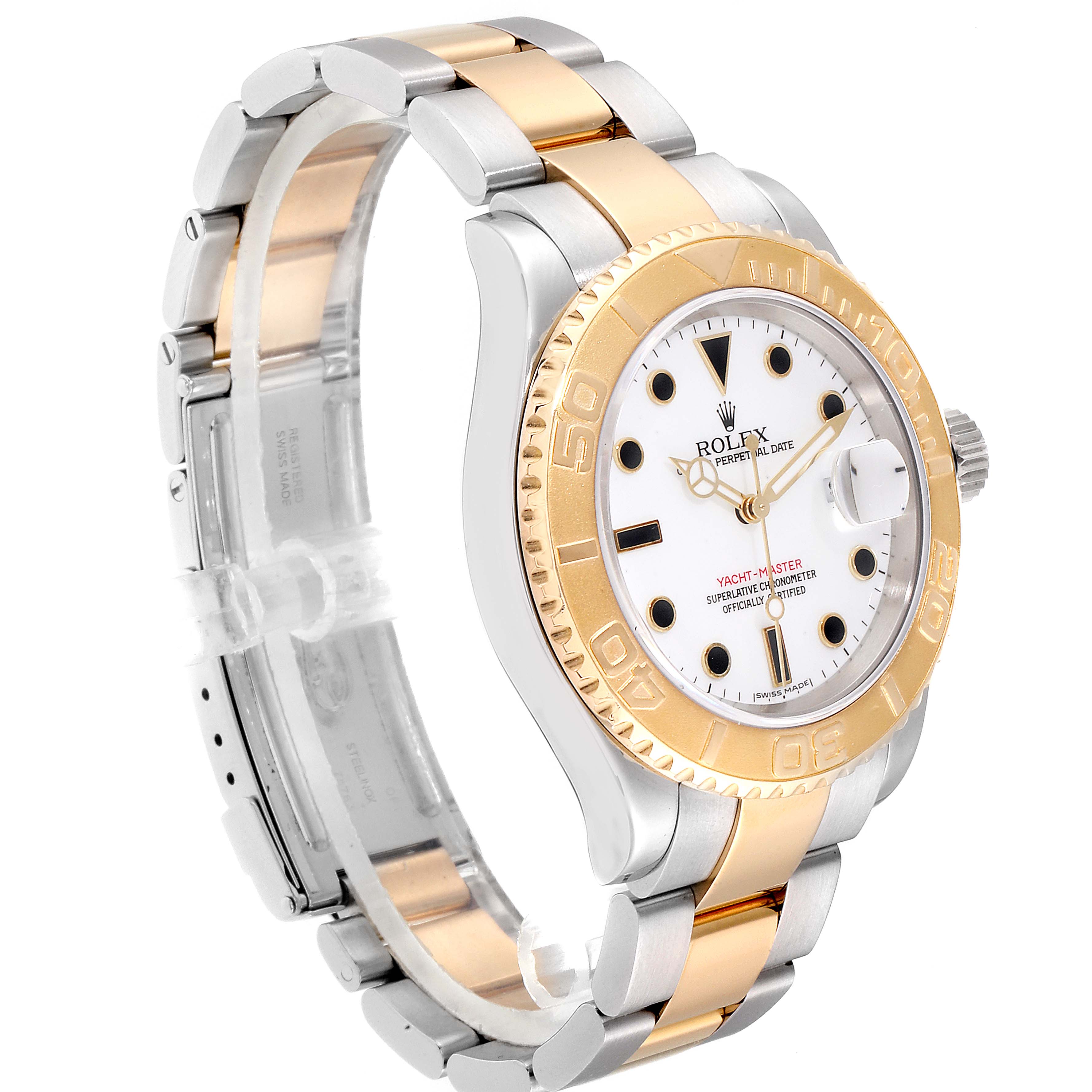 The image shows a Rolex Yacht-Master 16623  Men
s Steel and Gold (two tone) White Dial 16623  Men
s Steel and Gold (two tone) White Dial watch at a slight angle, highlighting its two-tone bracelet, bezel, and dial.