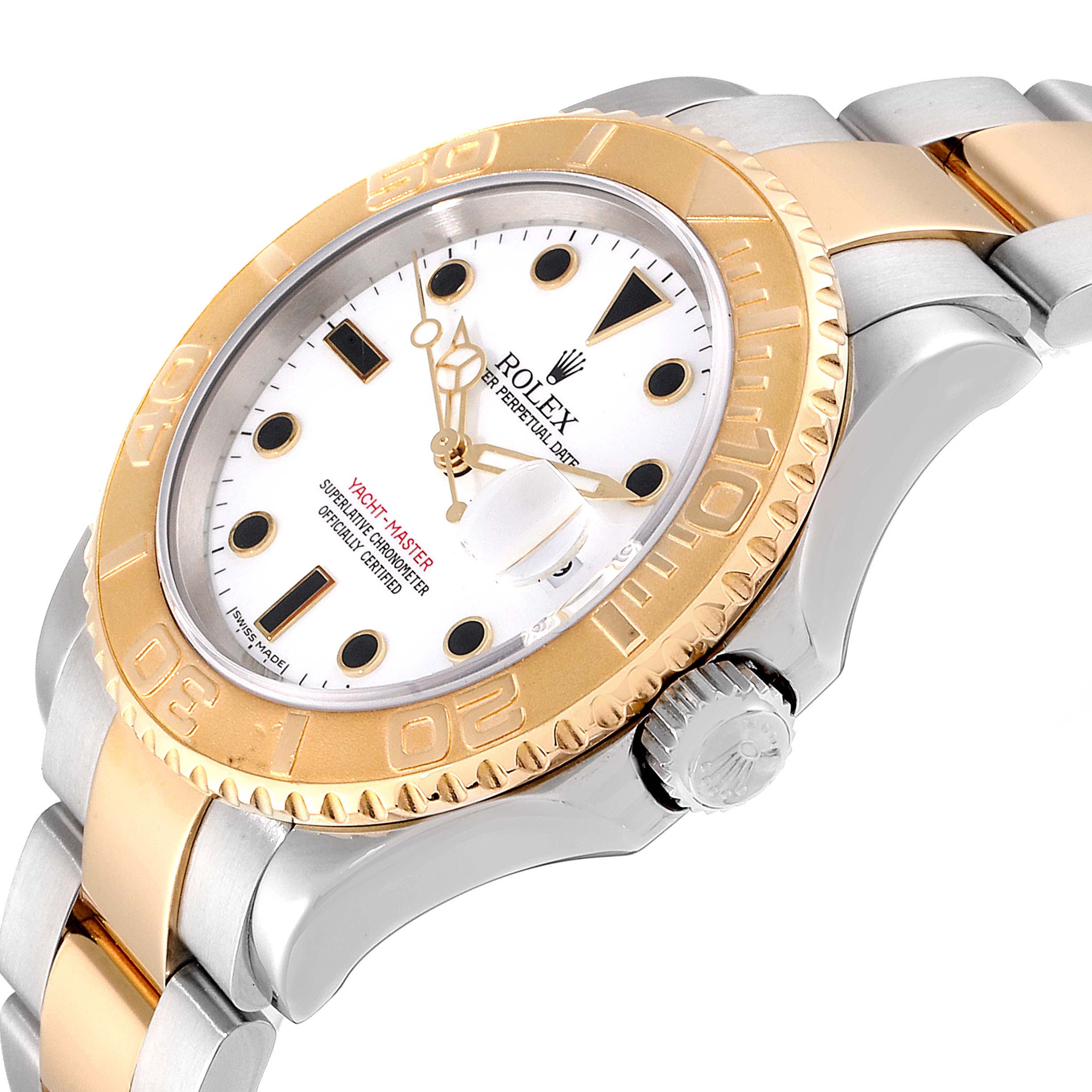 The Rolex Yacht-Master 16623  Men
s Steel and Gold (two tone) White Dial 16623  Men
s Steel and Gold (two tone) White Dial watch is shown at a slight angle, highlighting its bezel, dial, crown, and two-tone bracelet.