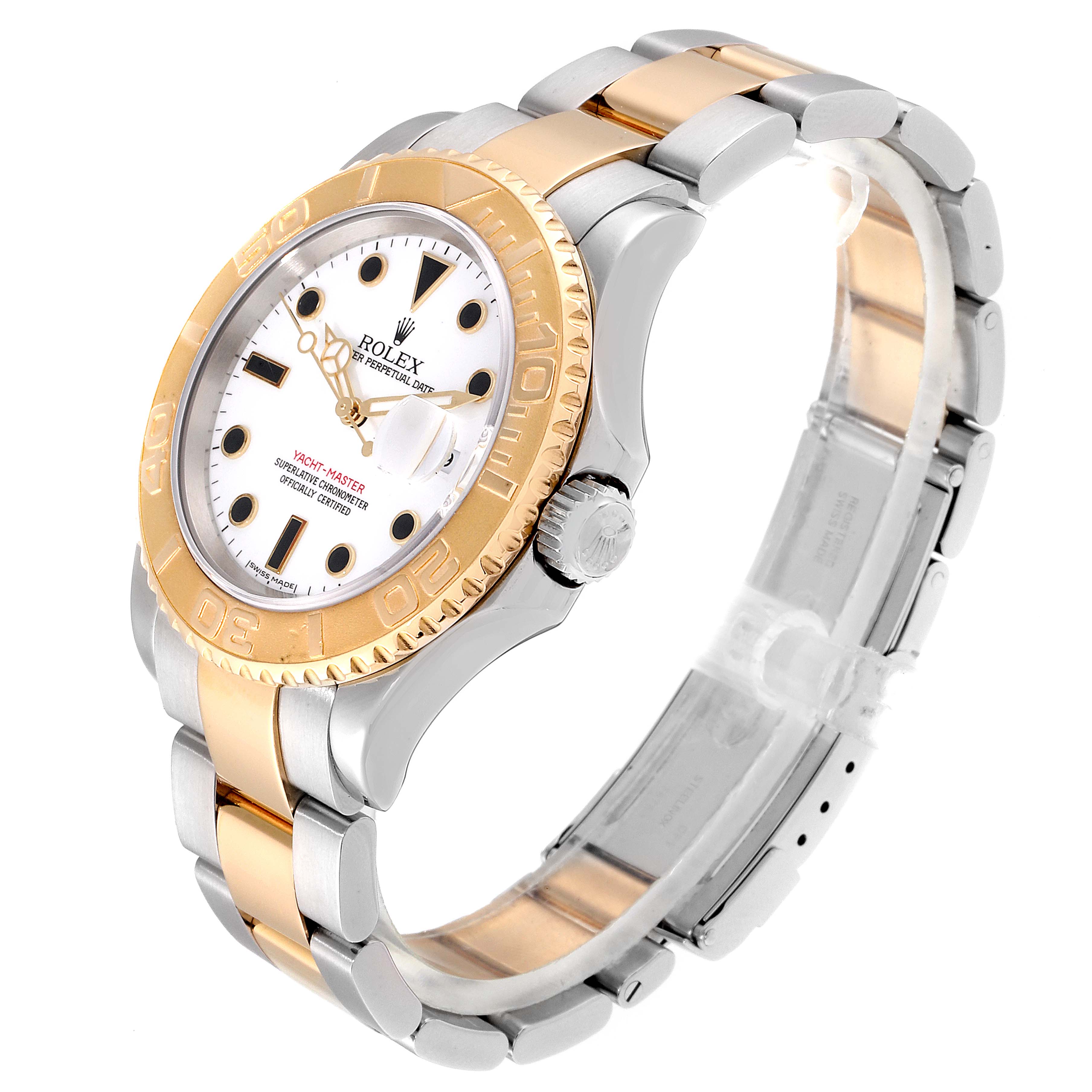 This image shows the side angle of the Rolex Yacht-Master 16623  Men
s Steel and Gold (two tone) White Dial 16623  Men
s Steel and Gold (two tone) White Dial watch, highlighting its gold bezel and two-tone metal bracelet.