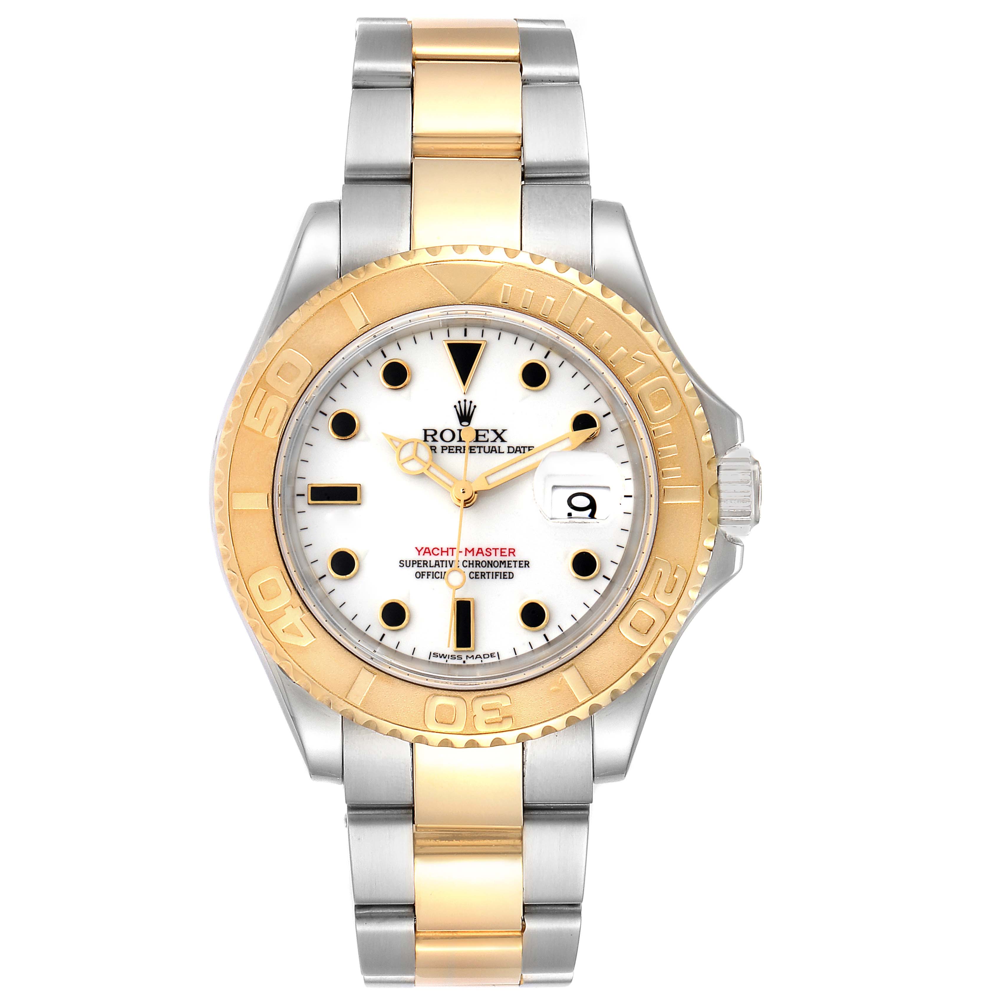 The Rolex Yacht-Master 16623  Men
s Steel and Gold (two tone) White Dial 16623  Men
s Steel and Gold (two tone) White Dial watch is shown from a front angle, displaying the dial, bezel, and bracelet.