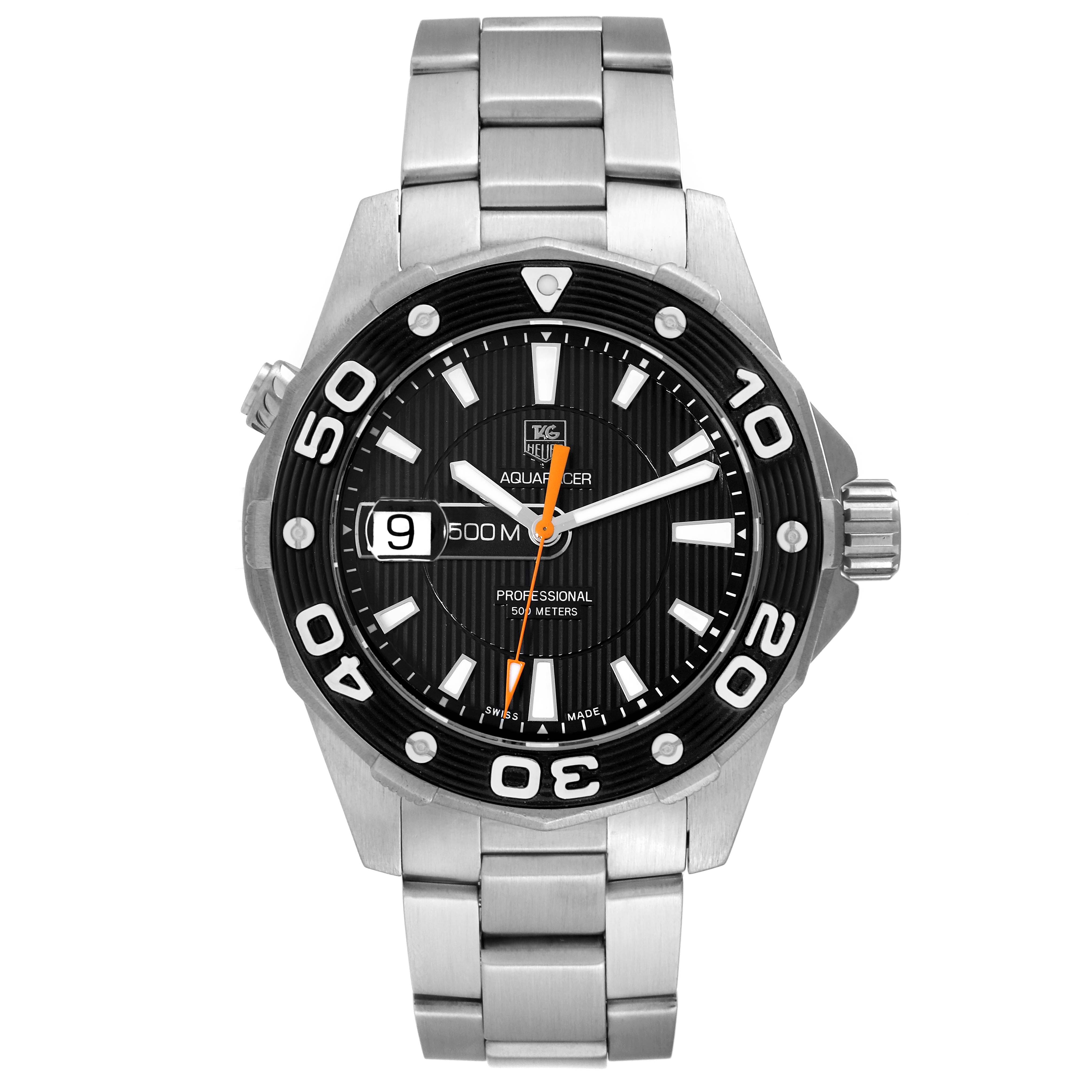 The image shows a front view of a Tag Heuer Aquaracer WAJ1110.BA0871 Men's Stainless Steel Black Dial WAJ1110.BA0871 Men's Stainless Steel Black Dial watch, highlighting its face, bezel, and bracelet.