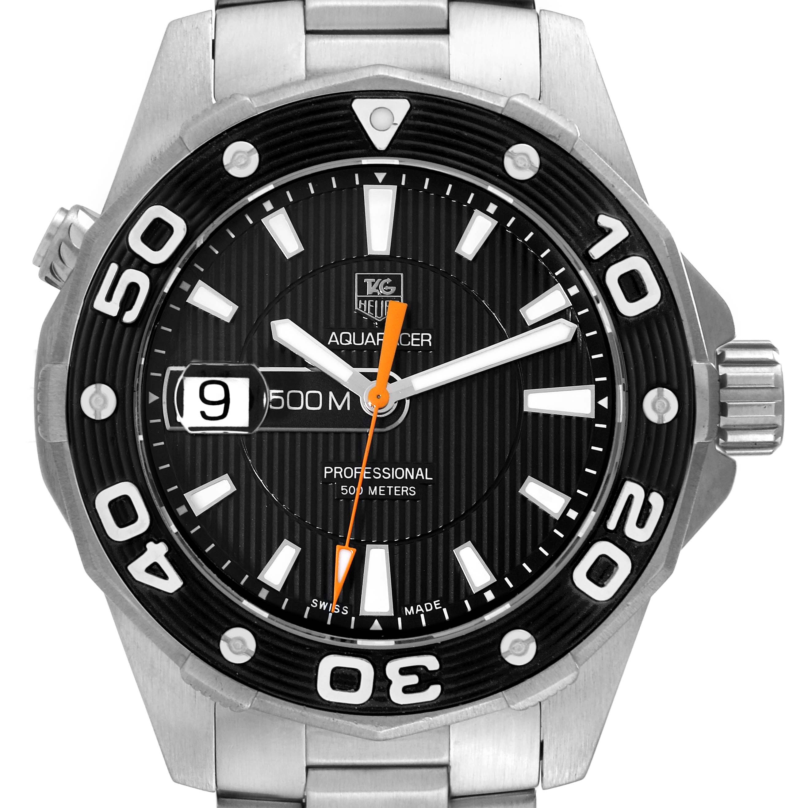 The image shows a front view of the Tag Heuer Aquaracer WAJ1110.BA0871 Men's Stainless Steel Black Dial WAJ1110.BA0871 Men's Stainless Steel Black Dial watch displaying the face, bezel, crown, and part of the bracelet.