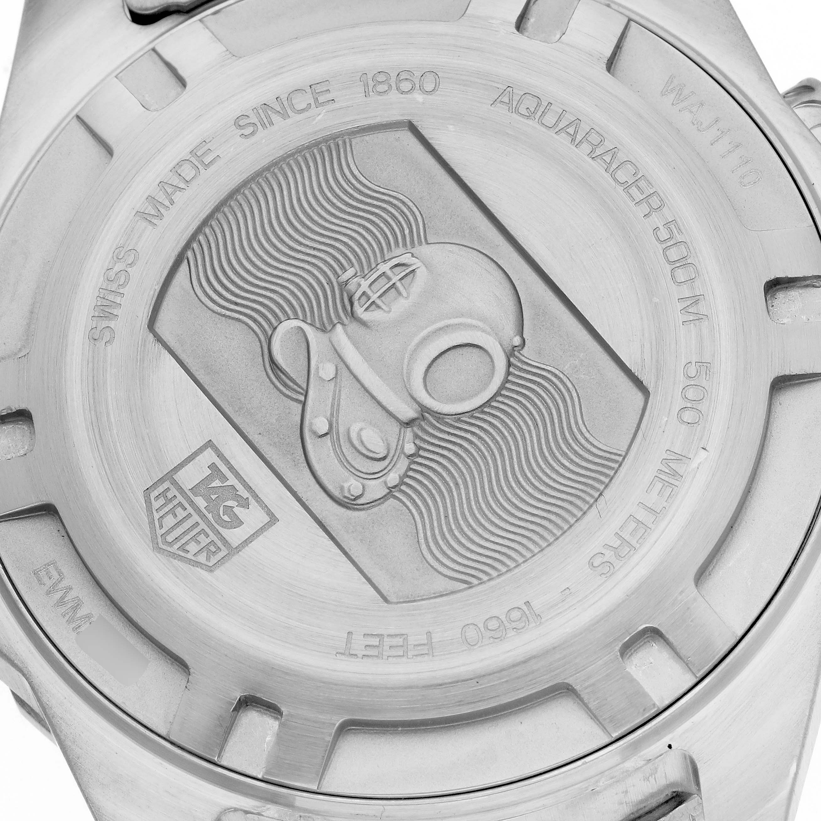 The image shows the engraved case back of a Tag Heuer Aquaracer WAJ1110.BA0871 Men's Stainless Steel Black Dial WAJ1110.BA0871 Men's Stainless Steel Black Dial watch.