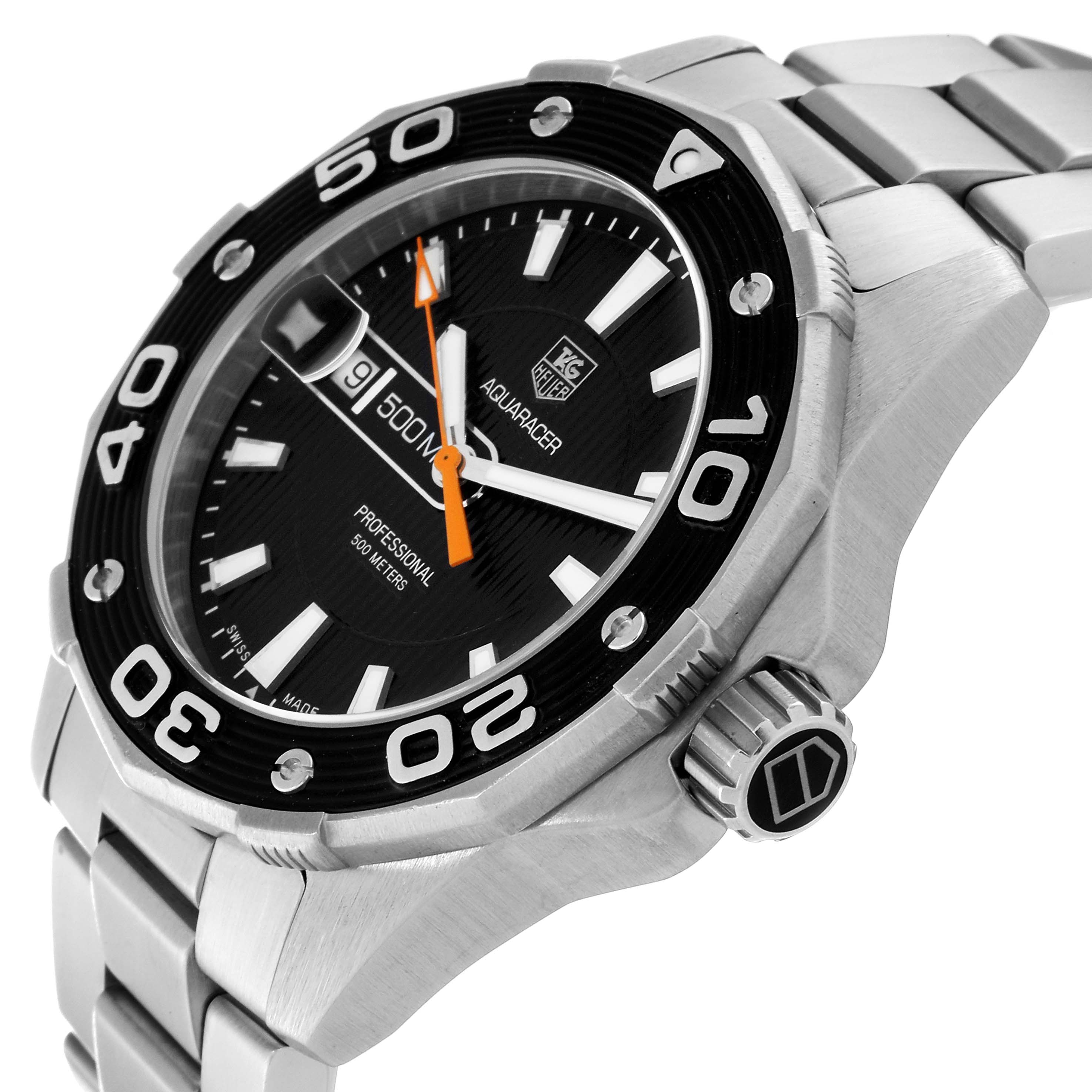 The image shows a side-angle view of a Tag Heuer Aquaracer WAJ1110.BA0871 Men's Stainless Steel Black Dial WAJ1110.BA0871 Men's Stainless Steel Black Dial watch, displaying the bezel, crown, and part of the metal bracelet.