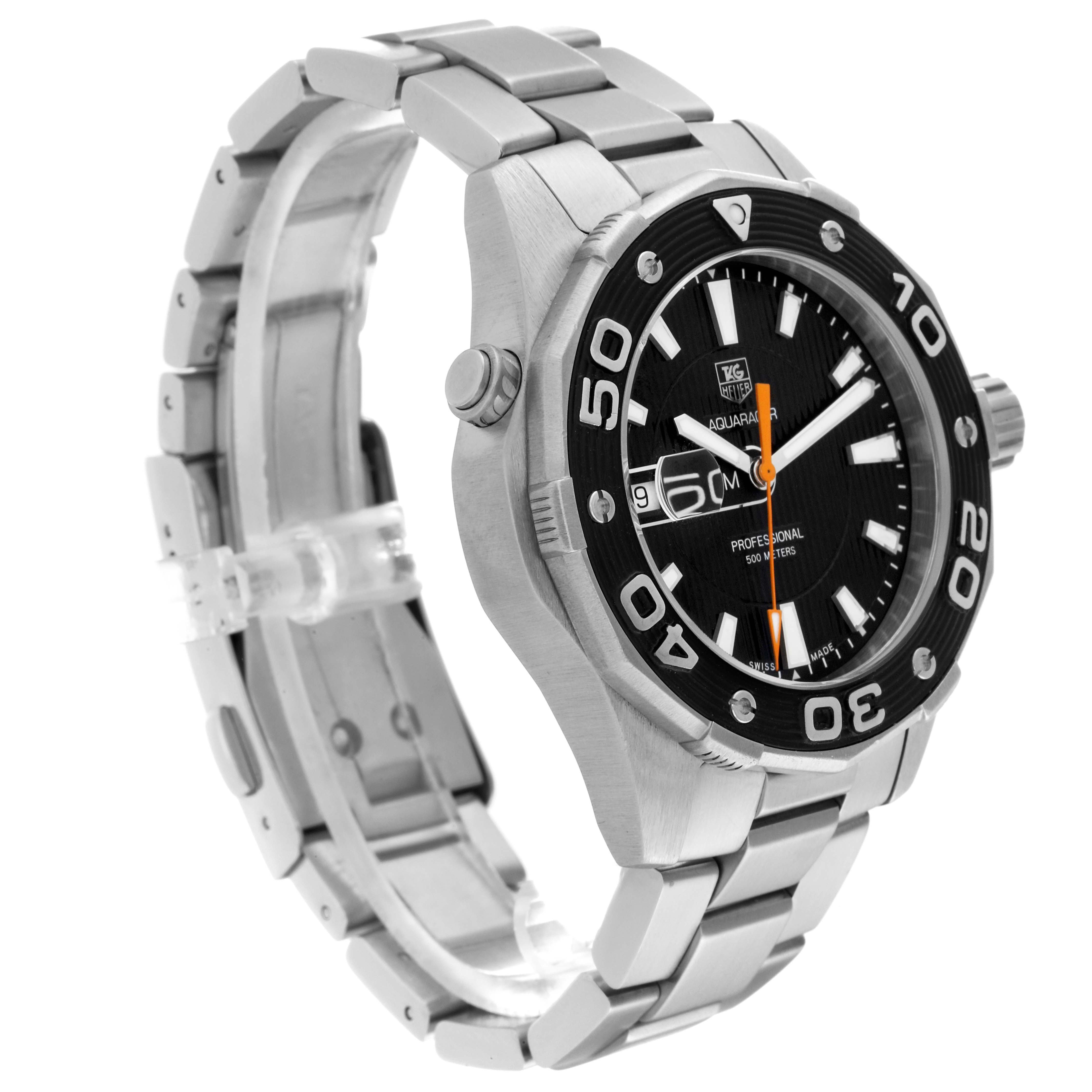The image shows an angled side view of a Tag Heuer Aquaracer WAJ1110.BA0871 Men's Stainless Steel Black Dial WAJ1110.BA0871 Men's Stainless Steel Black Dial watch, highlighting its dial, bezel, and stainless steel bracelet.