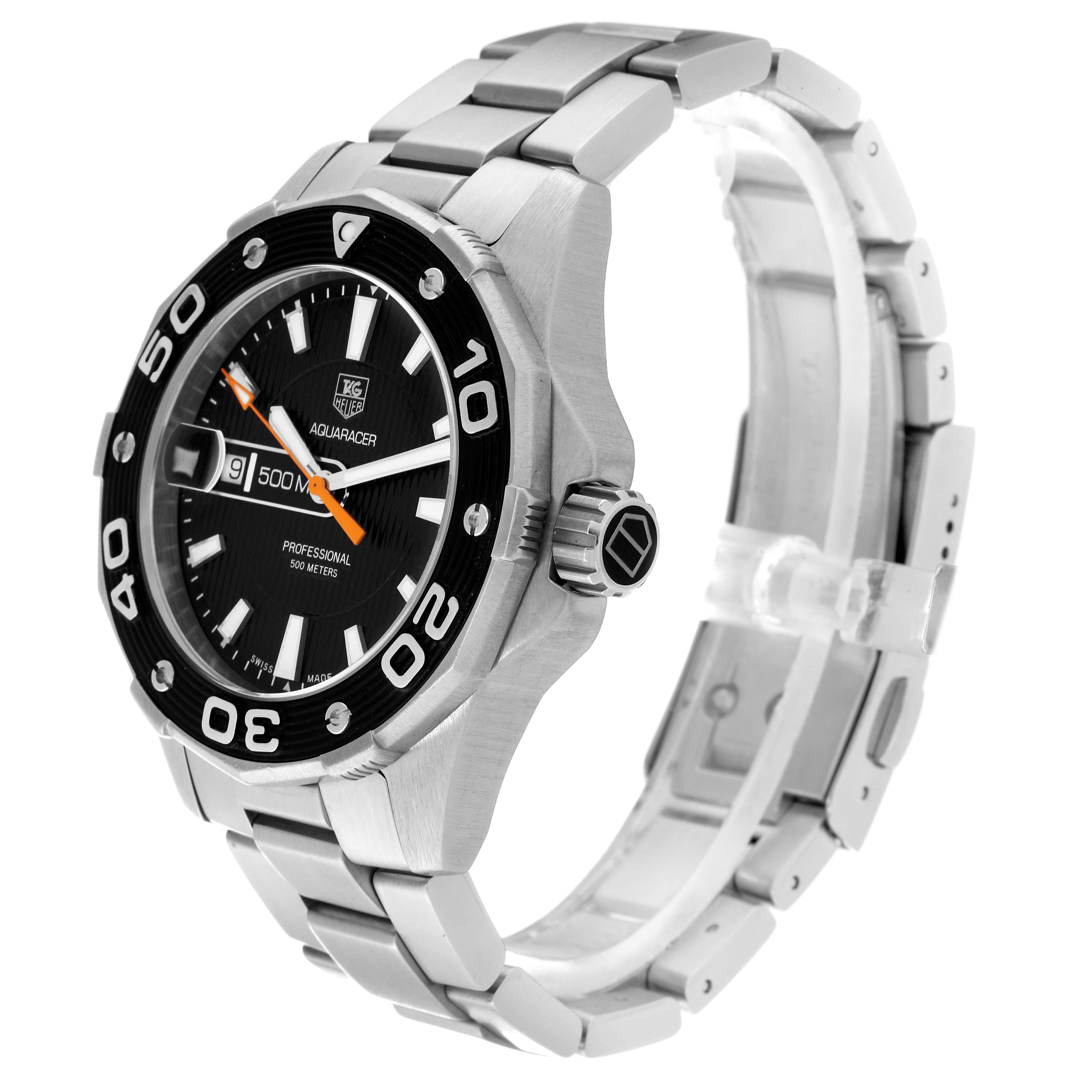 The image shows a side angle view of the Tag Heuer Aquaracer WAJ1110.BA0871 Men's Stainless Steel Black Dial WAJ1110.BA0871 Men's Stainless Steel Black Dial watch, highlighting its dial, bezel, crown, and stainless steel bracelet.