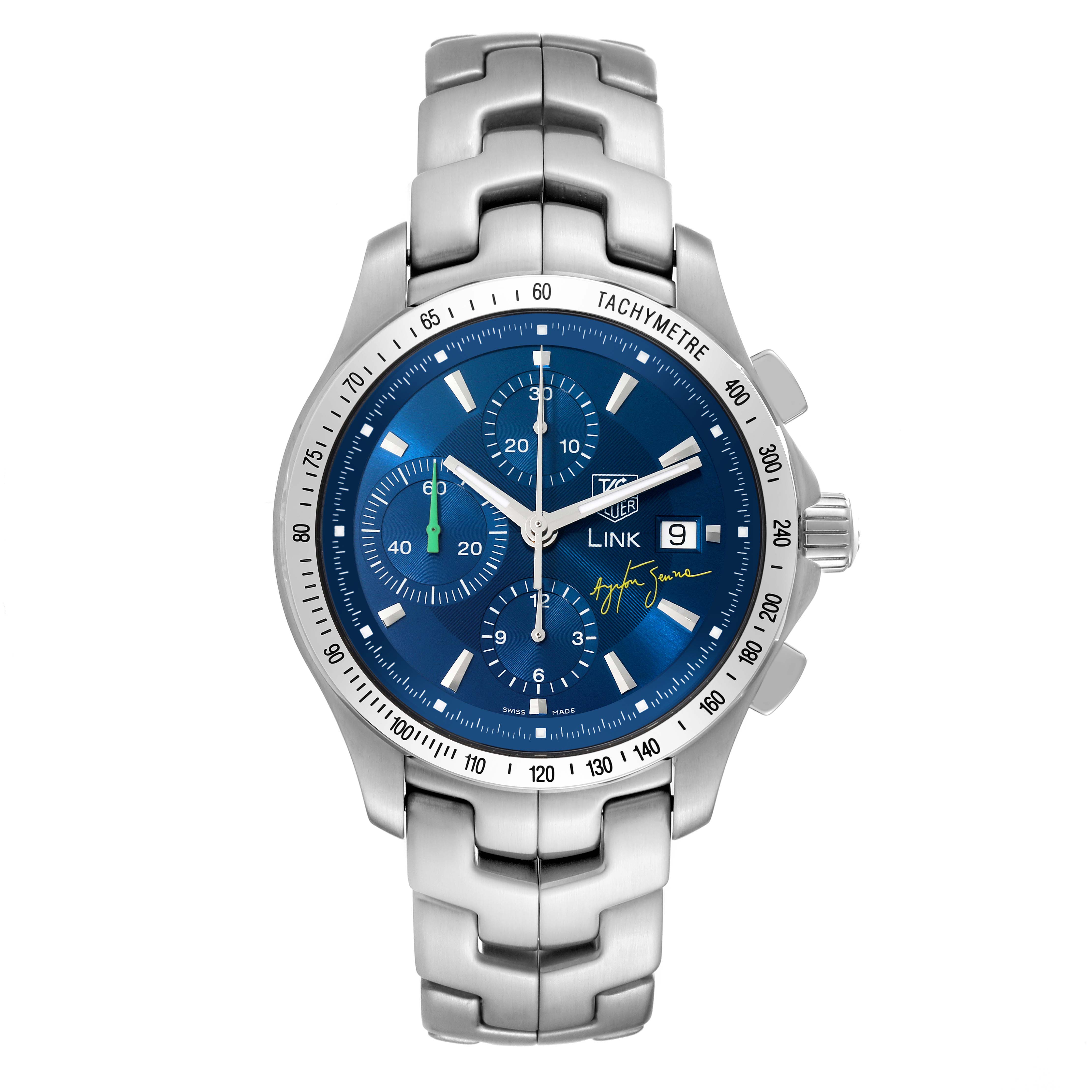 This Tag Heuer Link Limited Edition watch is shown from the front, highlighting its blue dial, chronograph subdials, and metal bracelet.