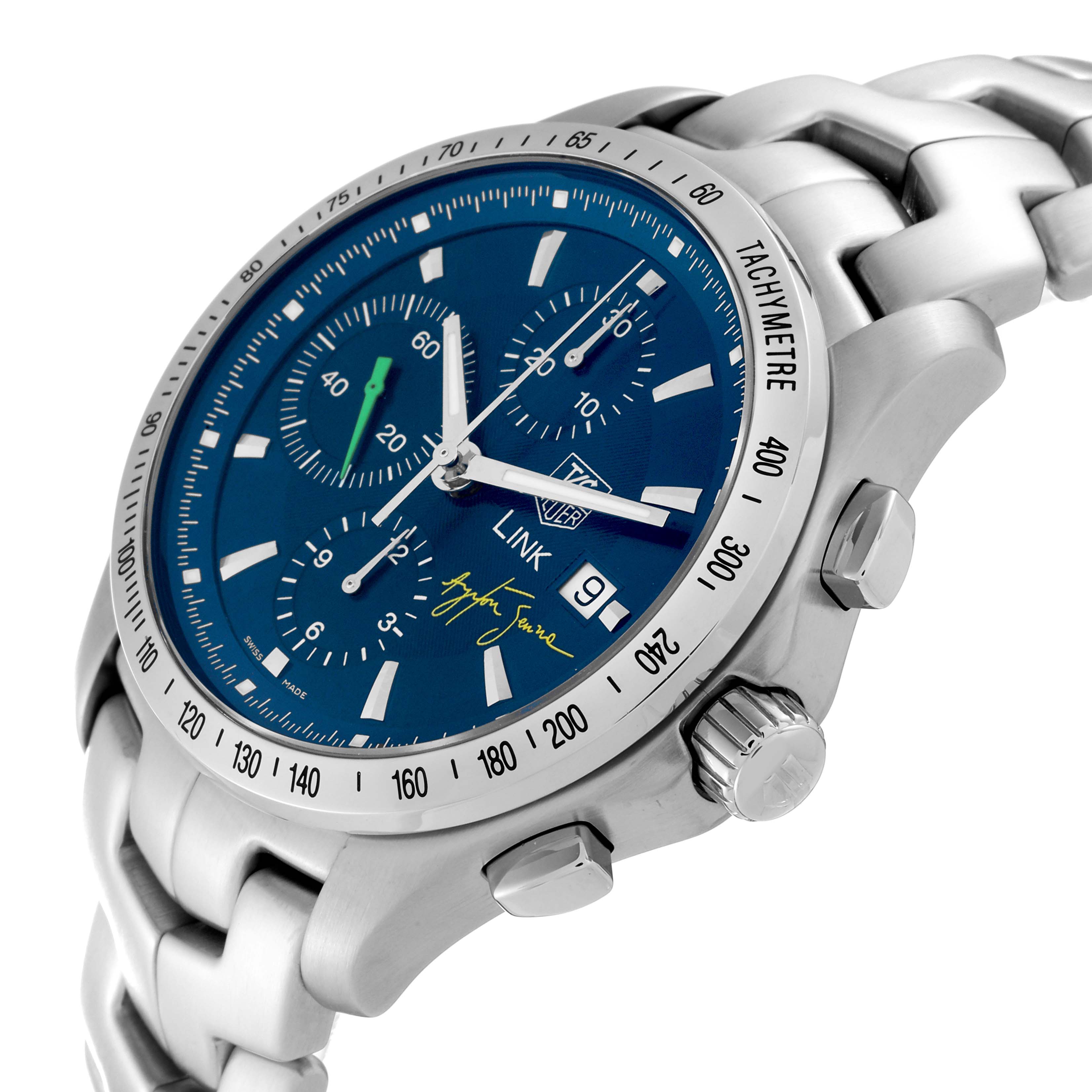 This image shows a Tag Heuer Limited Edition CJF2113.BA0576 Men's Stainless Steel Blue Dial CJF2113.BA0576 Men's Stainless Steel Blue Dial Link watch from an angled side view, focusing on the dial, bezel, crown, and part of the bracelet.