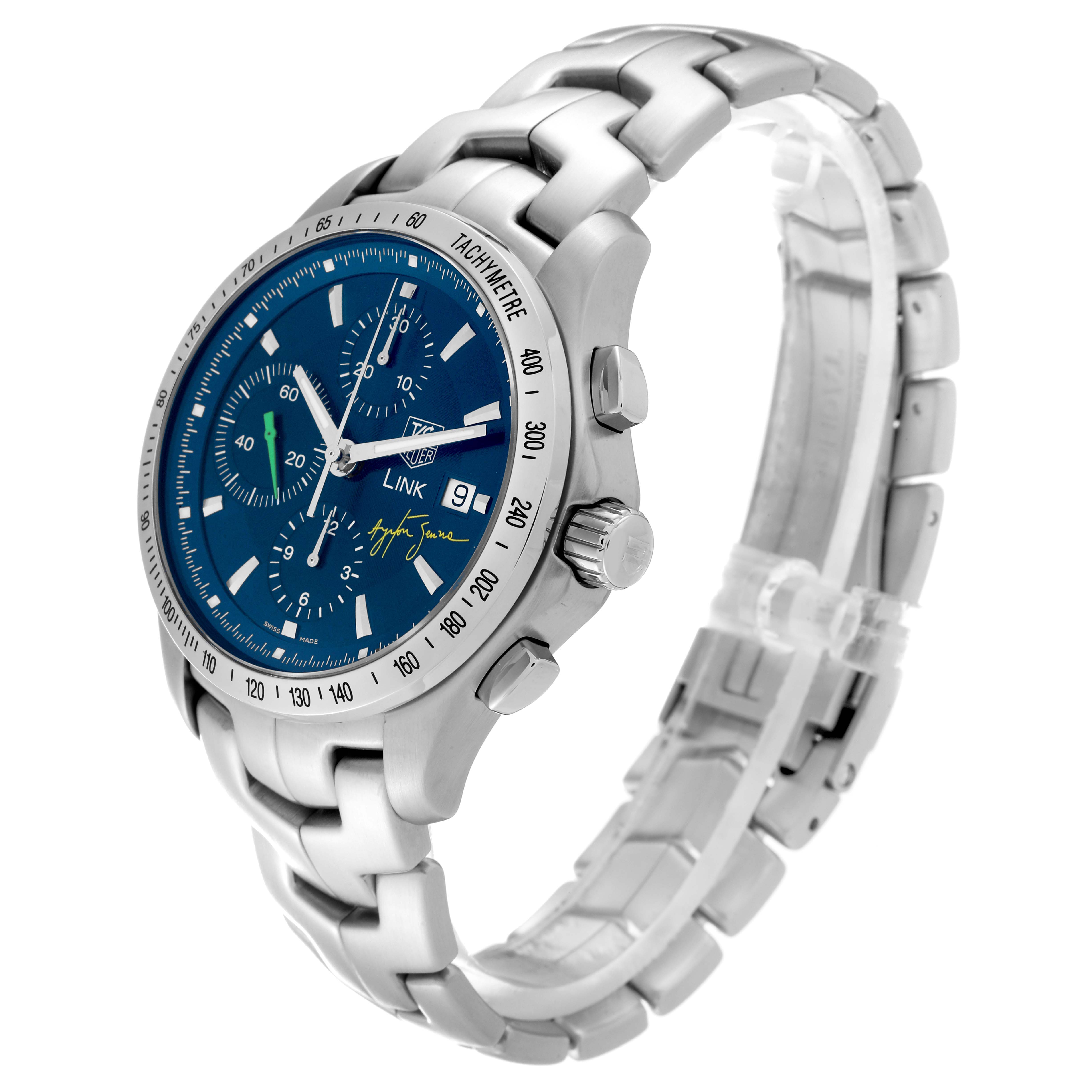 This Limited Edition Tag Heuer watch is shown in a side angle displaying the face, bezel, crown, pushers, and part of the bracelet.