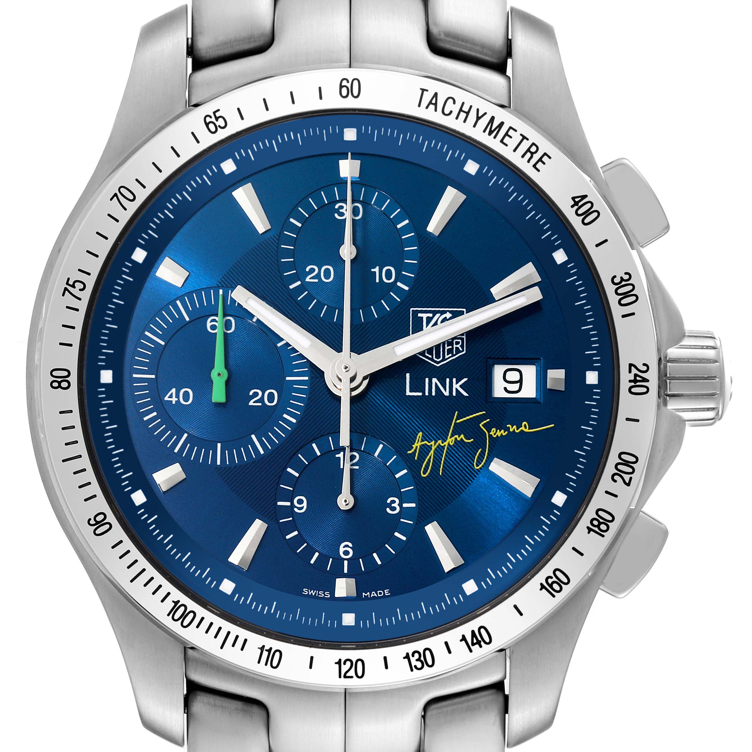 The image shows a close-up, front view of the Tag Heuer Limited Edition CJF2113.BA0576 Men's Stainless Steel Blue Dial CJF2113.BA0576 Men's Stainless Steel Blue Dial Link model watch, highlighting the blue dial, chronograph subdials, and tachymeter scale.