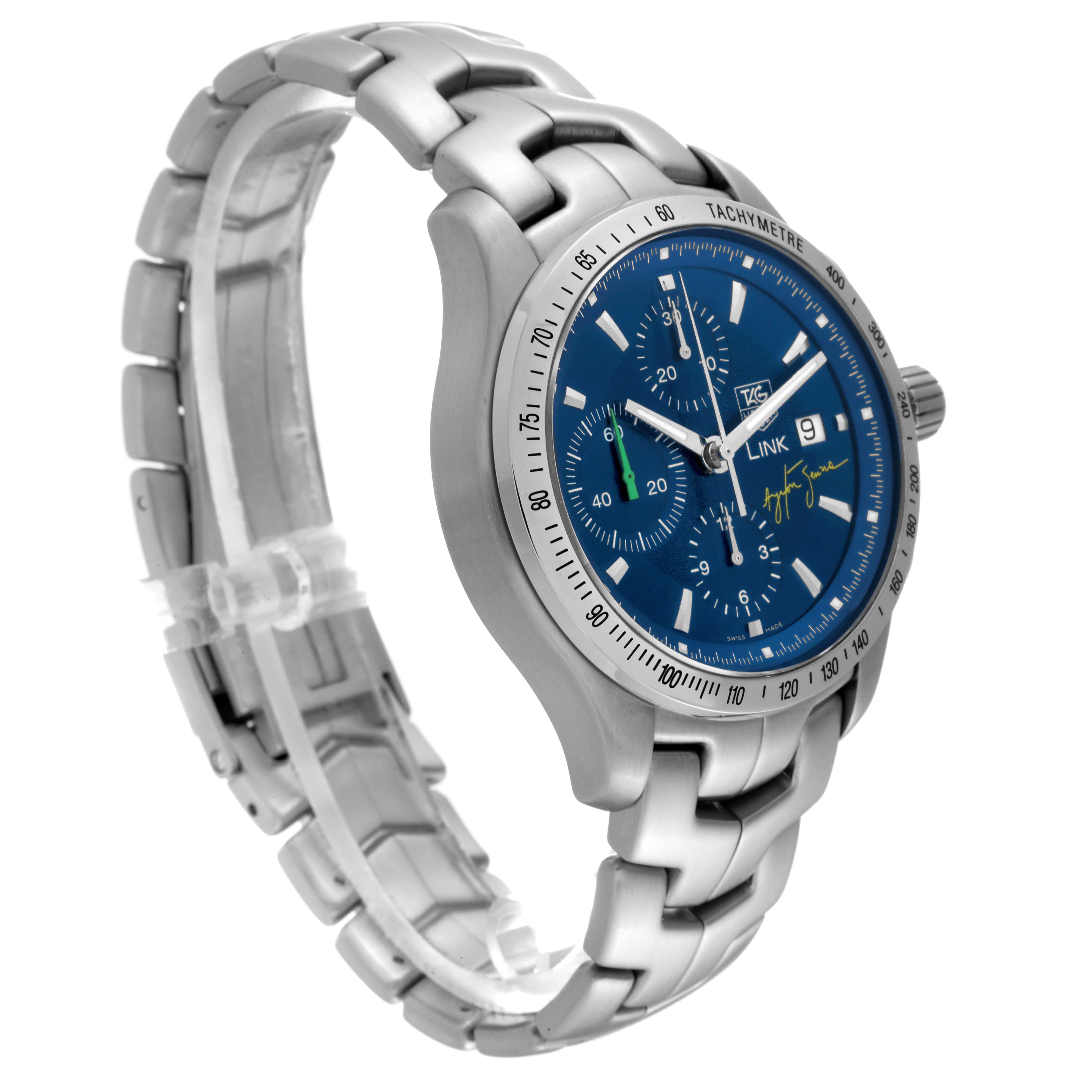 The Tag Heuer Limited Edition CJF2113.BA0576 Men's Stainless Steel Blue Dial CJF2113.BA0576 Men's Stainless Steel Blue Dial Link model watch is shown from an angled side view, displaying the bracelet, dial, and crown.