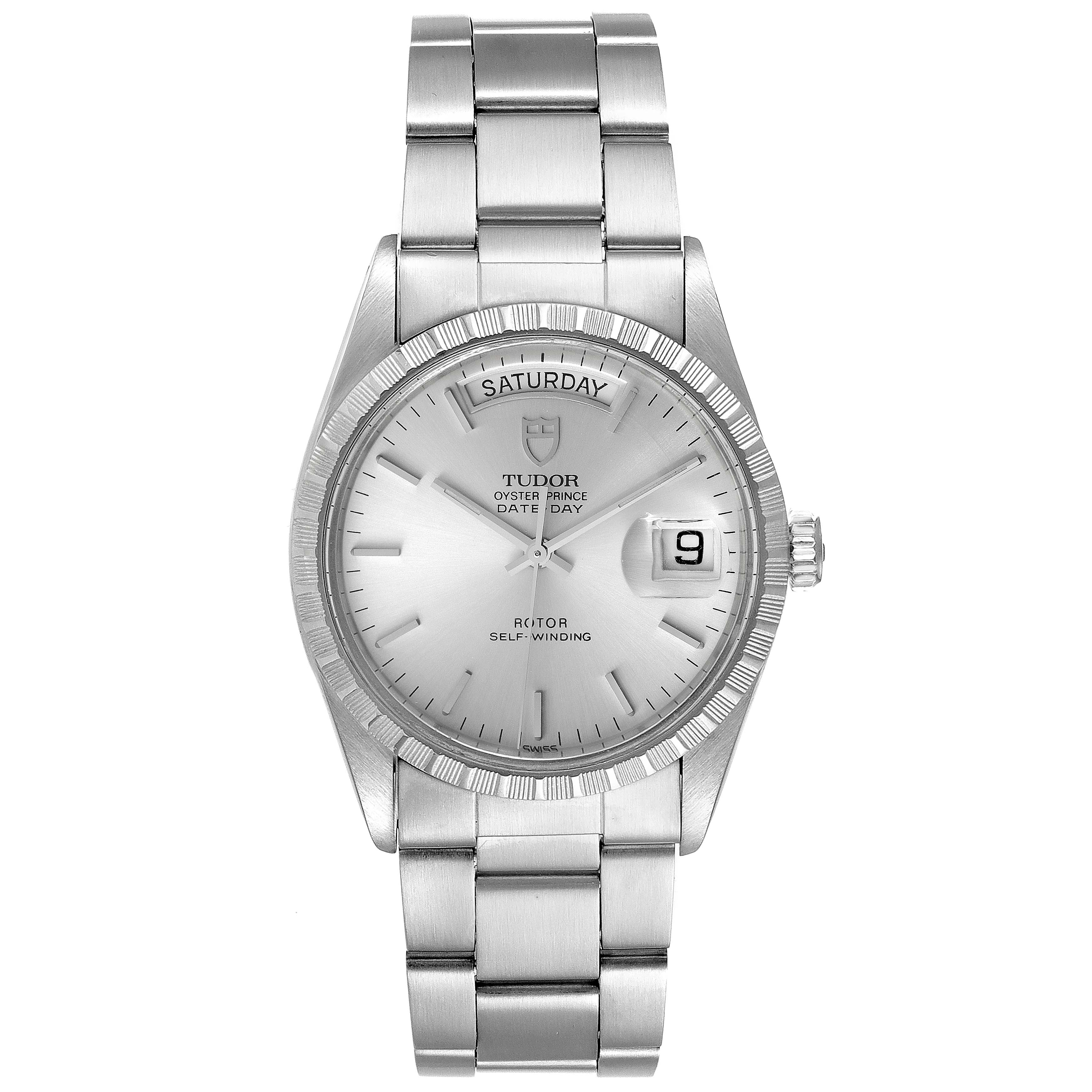 The Tudor Prince 94510 Men's Stainless Steel Silver Dial 94510 Men's Stainless Steel Silver Dial watch is shown from a front angle, displaying its face, bracelet, day, and date functions.