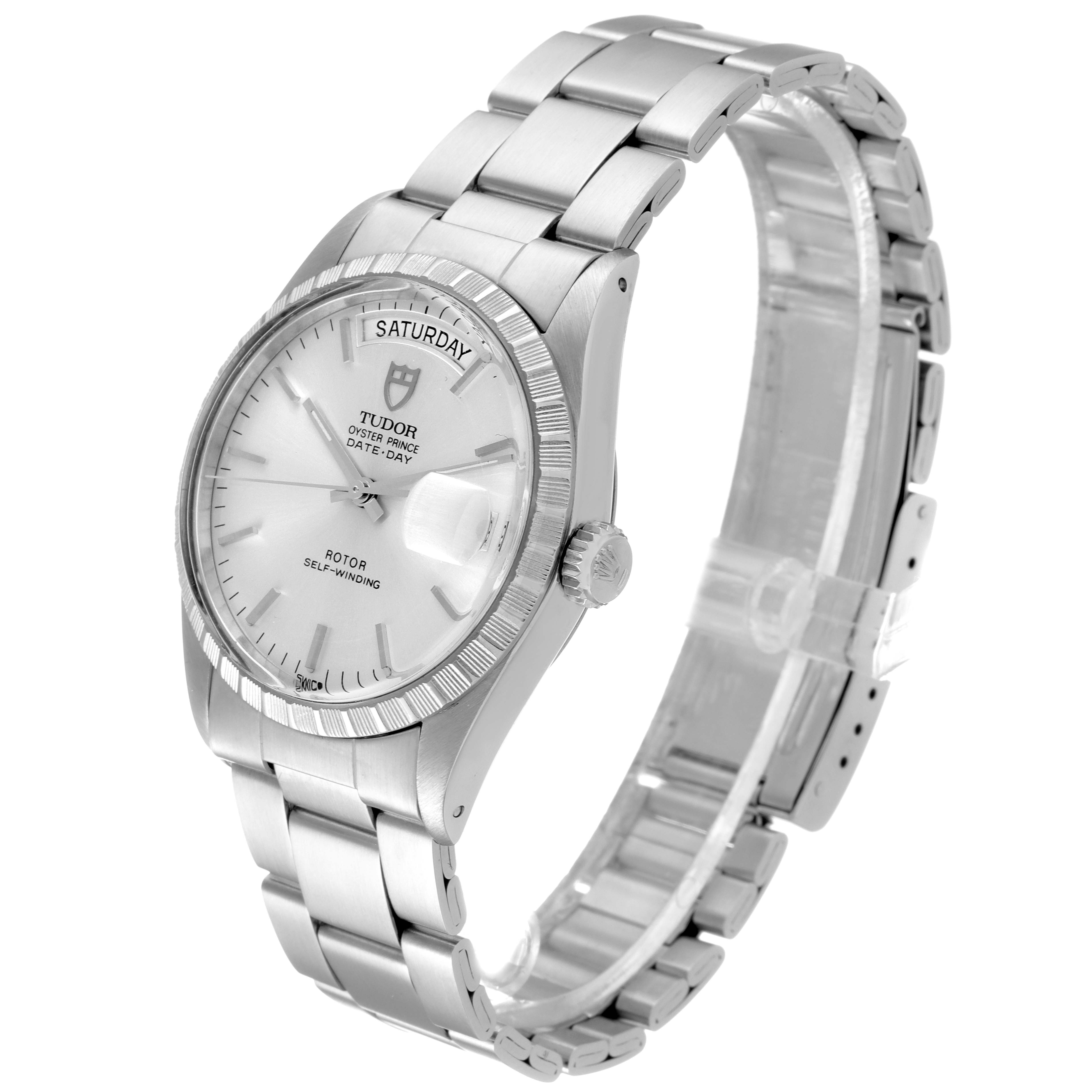 The image shows the Tudor Prince 94510 Men's Stainless Steel Silver Dial 94510 Men's Stainless Steel Silver Dial model watch at a slight angle, displaying the dial, bezel, crown, and bracelet.