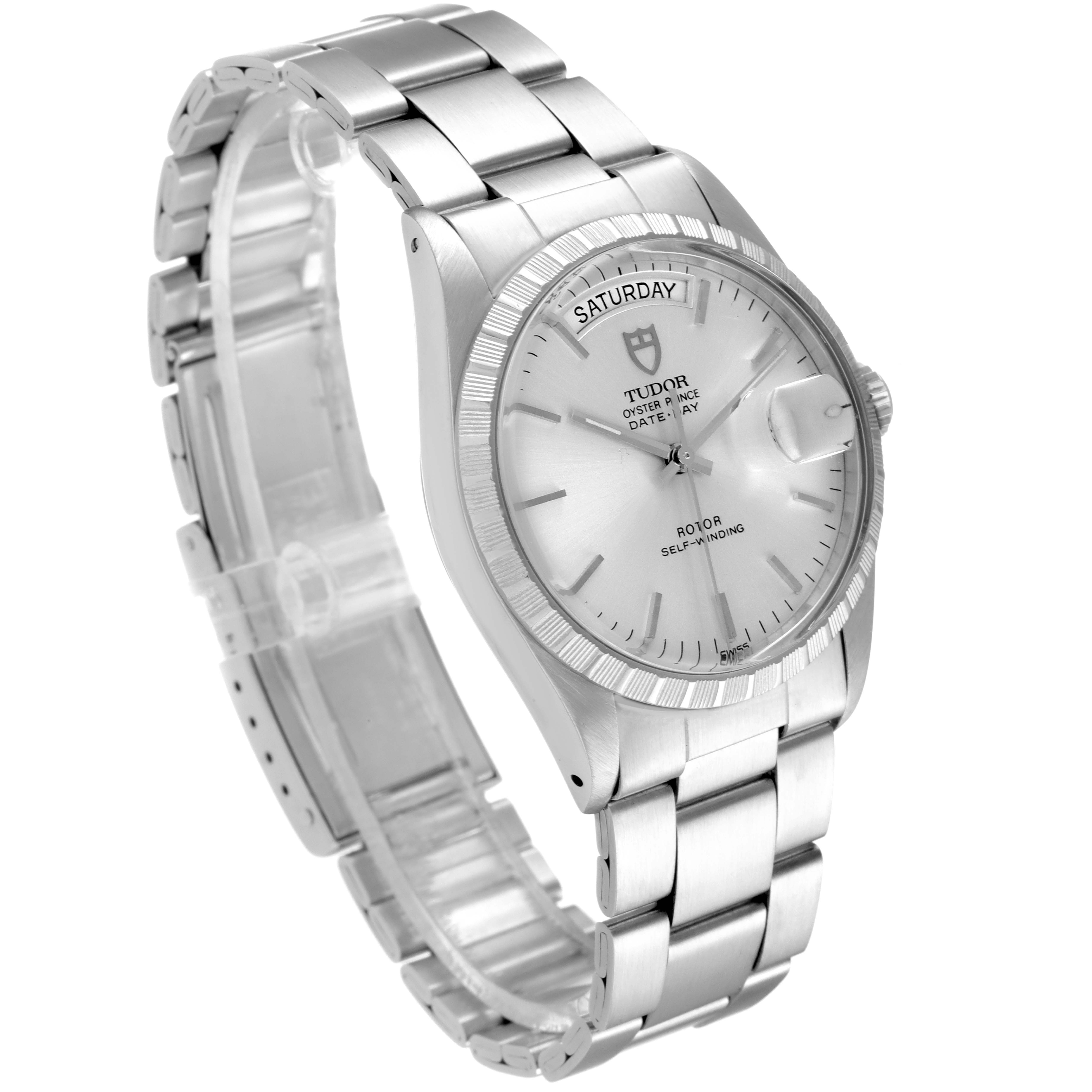 This is a Tudor Prince 94510 Men's Stainless Steel Silver Dial 94510 Men's Stainless Steel Silver Dial model watch shown at a three-quarter angle, displaying its dial, bracelet, and crown.