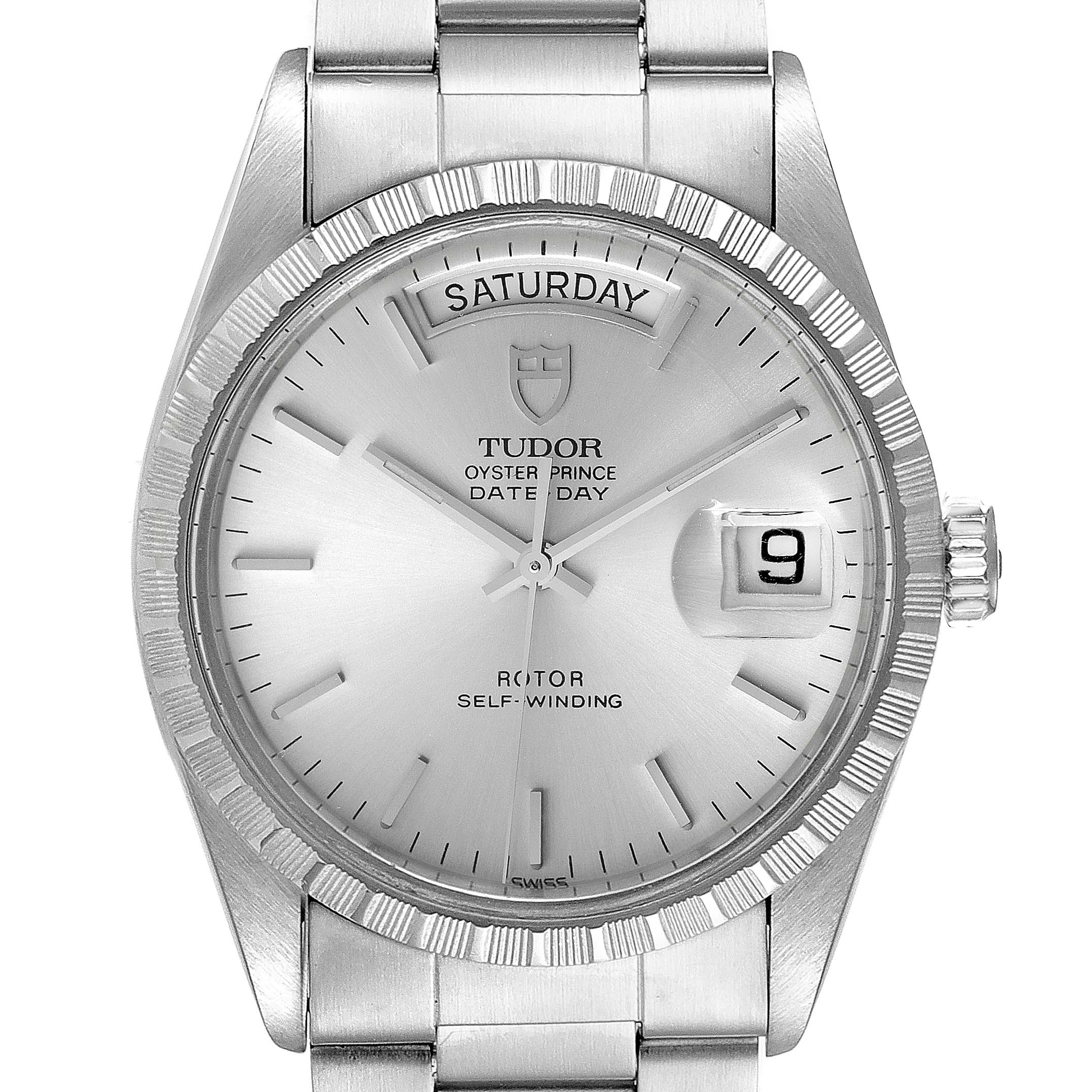 The image shows a frontal view of the Tudor Prince 94510 Men's Stainless Steel Silver Dial 94510 Men's Stainless Steel Silver Dial watch, highlighting its silver dial, day and date windows, and stainless steel bracelet.