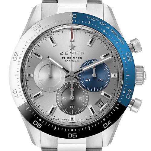 The image shows a Zenith Chronomaster 03.3103.3600/69.M3100 Men's Stainless Steel Silver Dial watch face-on, highlighting its dials, bezel, and pushers.