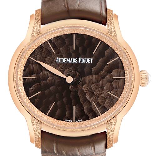 The Audemars Piguet Millenary 77266OR Women's Rose Gold Brown Dial watch is shown from a top angle, displaying the dial, case, and leather strap.