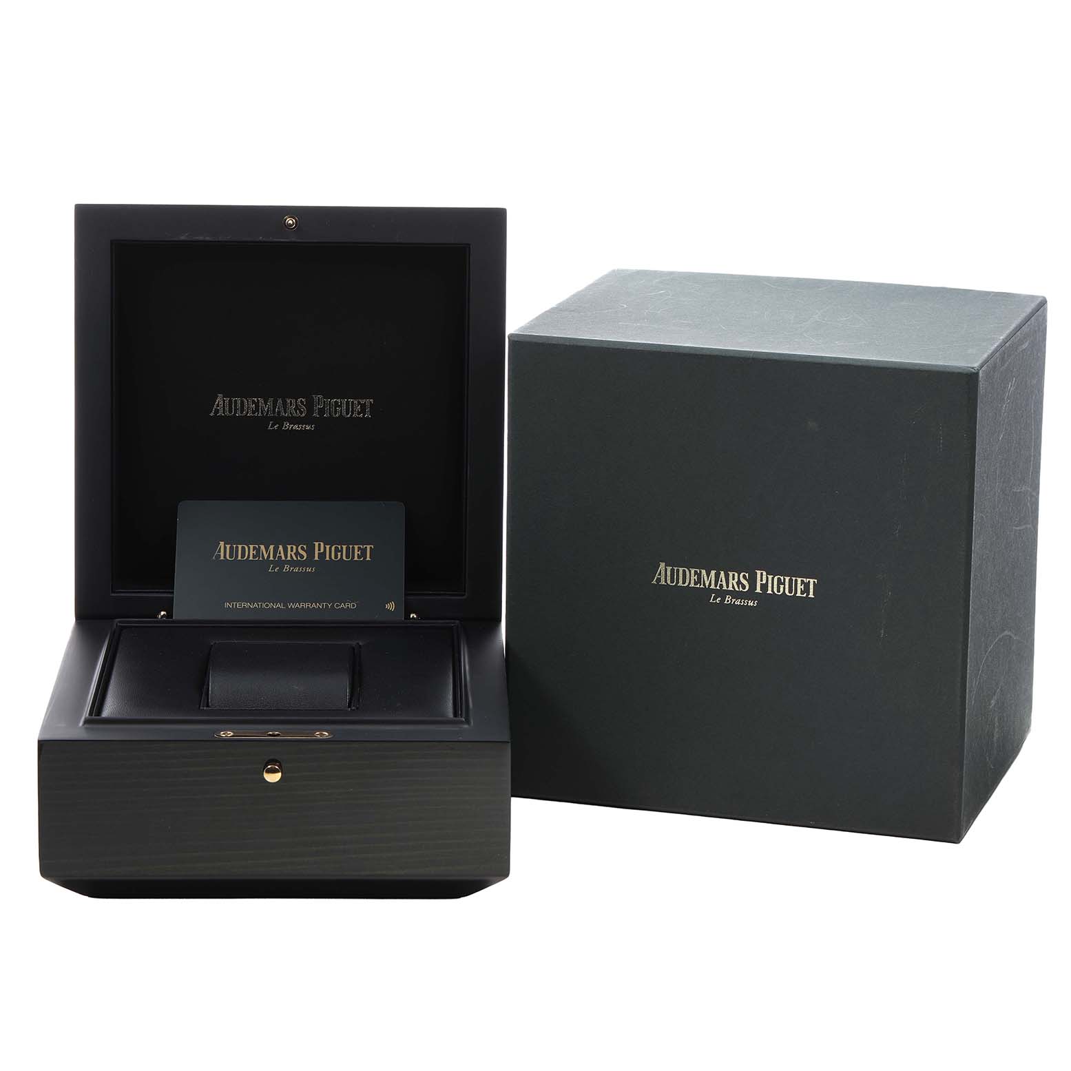 The image shows the Audemars Piguet Millenary 77266OR Women's Rose Gold Brown Dial watch box, open with a warranty card inside, alongside the outer packaging.
