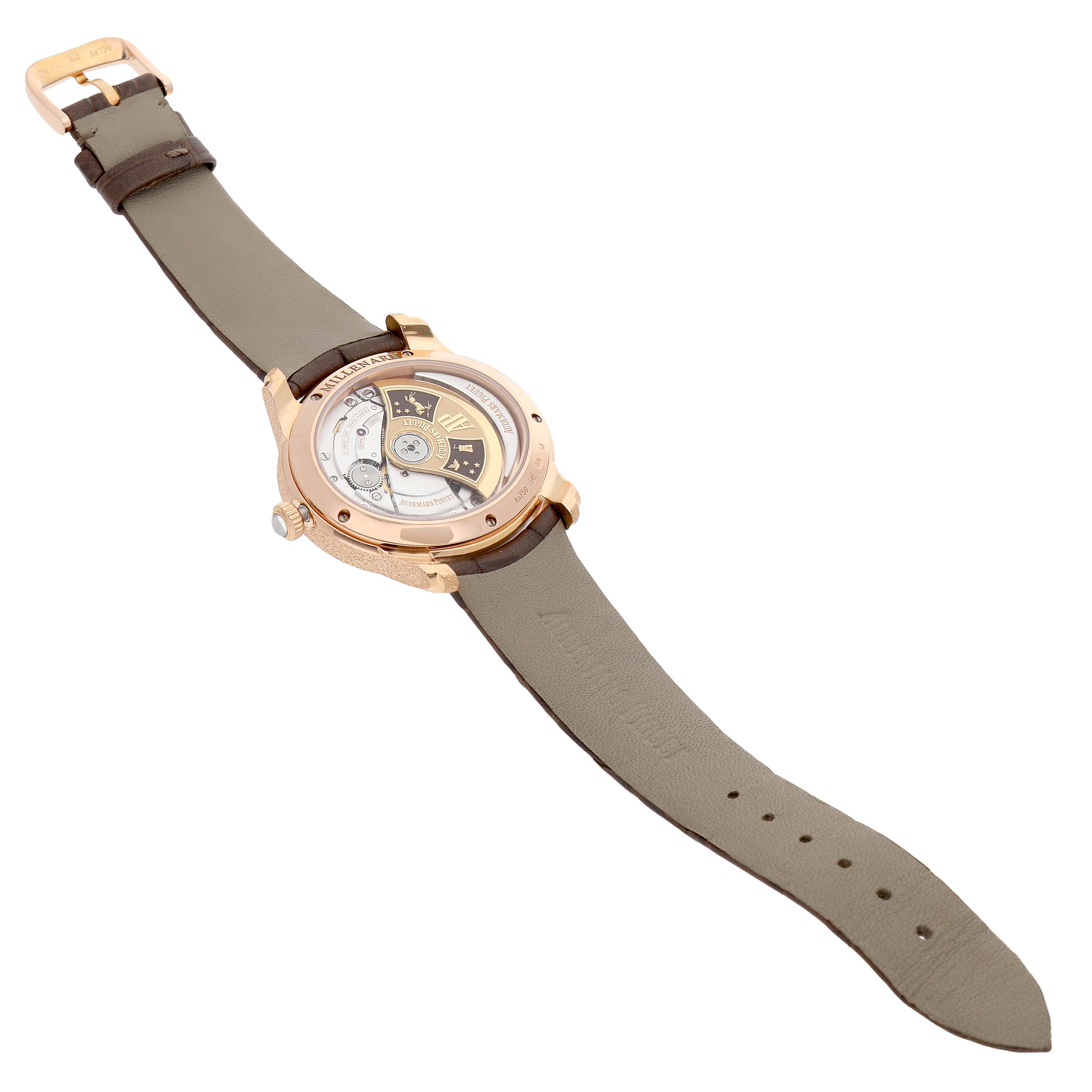 The Audemars Piguet Millenary 77266OR Women's Rose Gold Brown Dial watch is shown from the back, displaying its movement and case details.