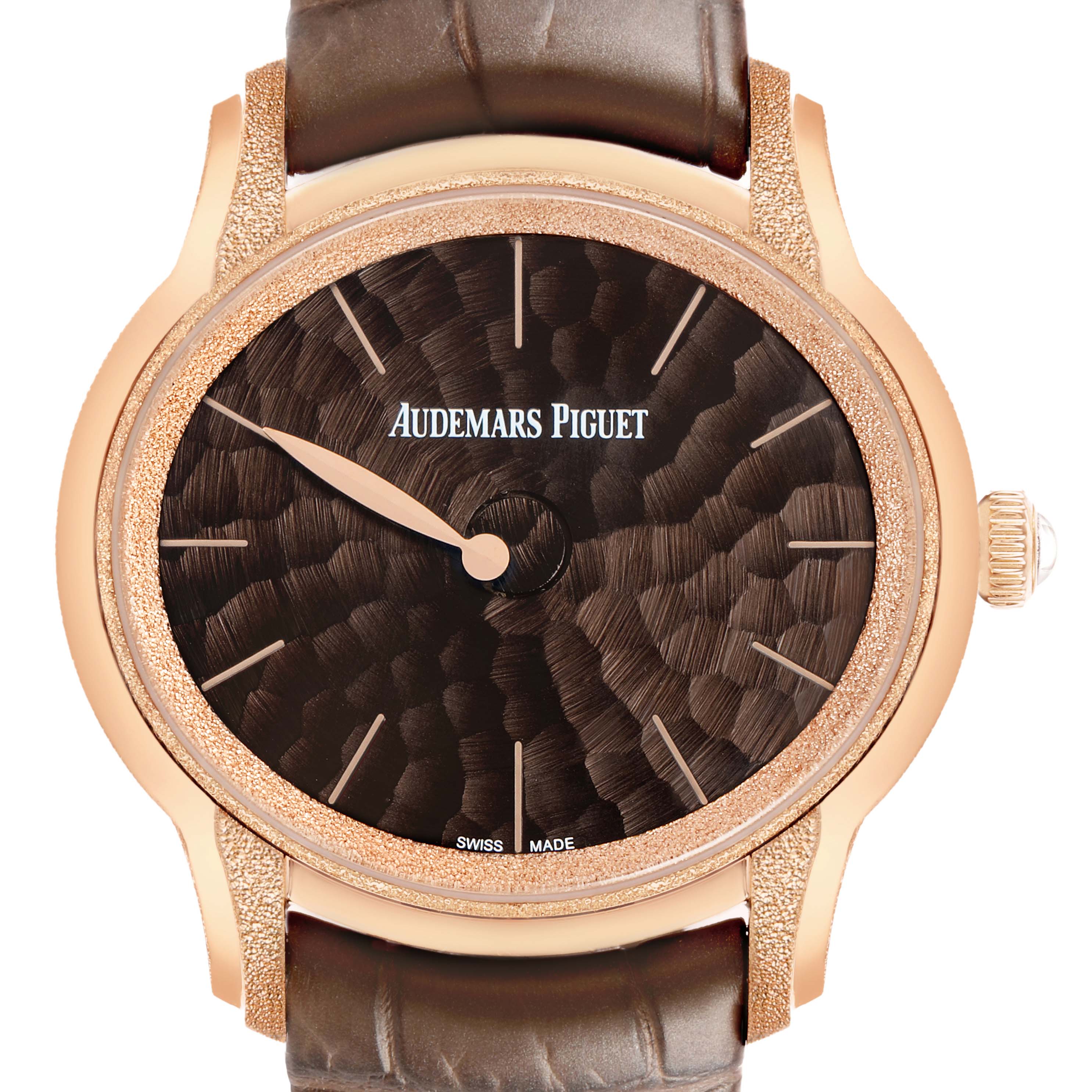 The image shows a front view of the Audemars Piguet Millenary 77266OR Women's Rose Gold Brown Dial watch, highlighting the textured dial, hands, and case.