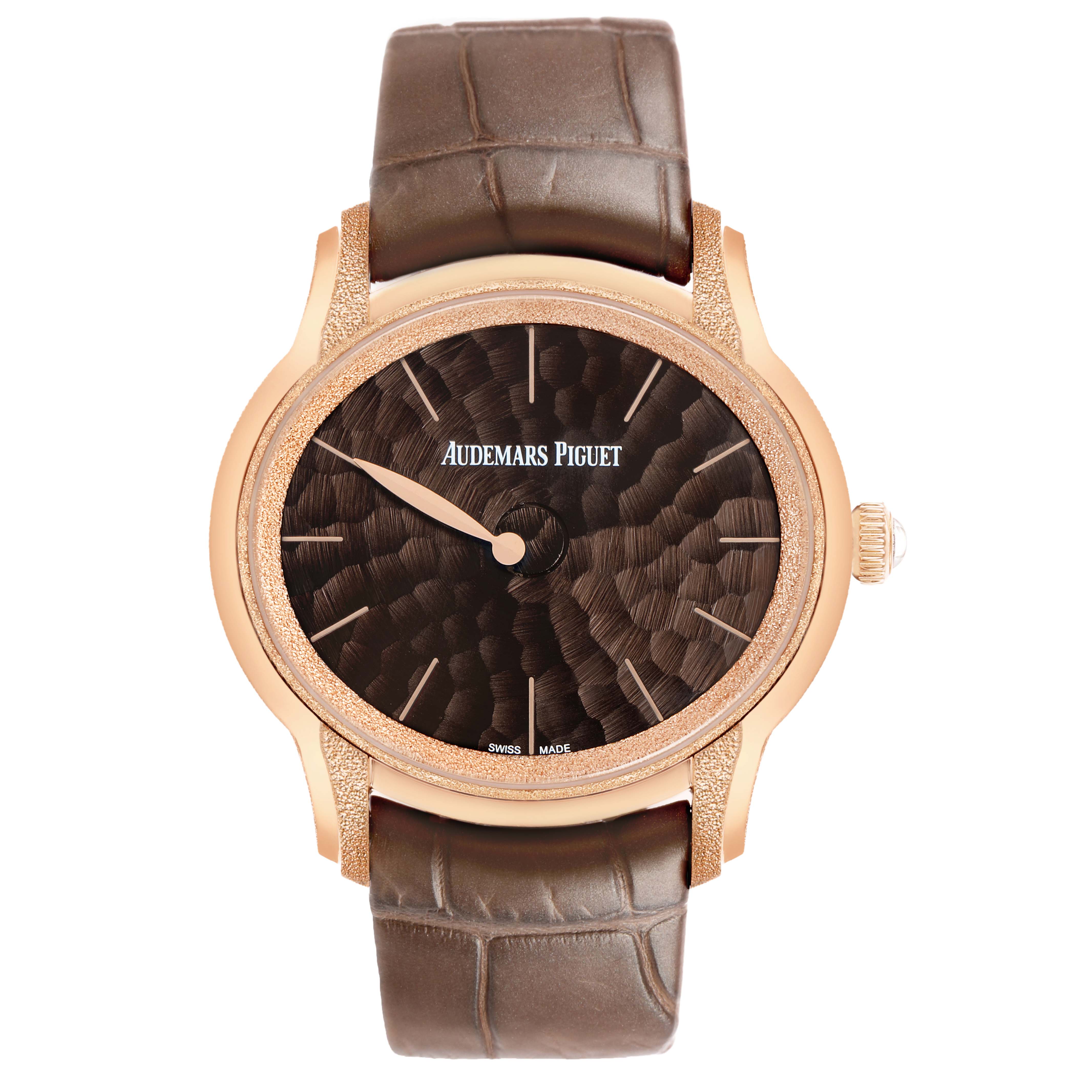 The Audemars Piguet Millenary 77266OR Women's Rose Gold Brown Dial watch is shown from the front, displaying the case, dial, hands, and strap.