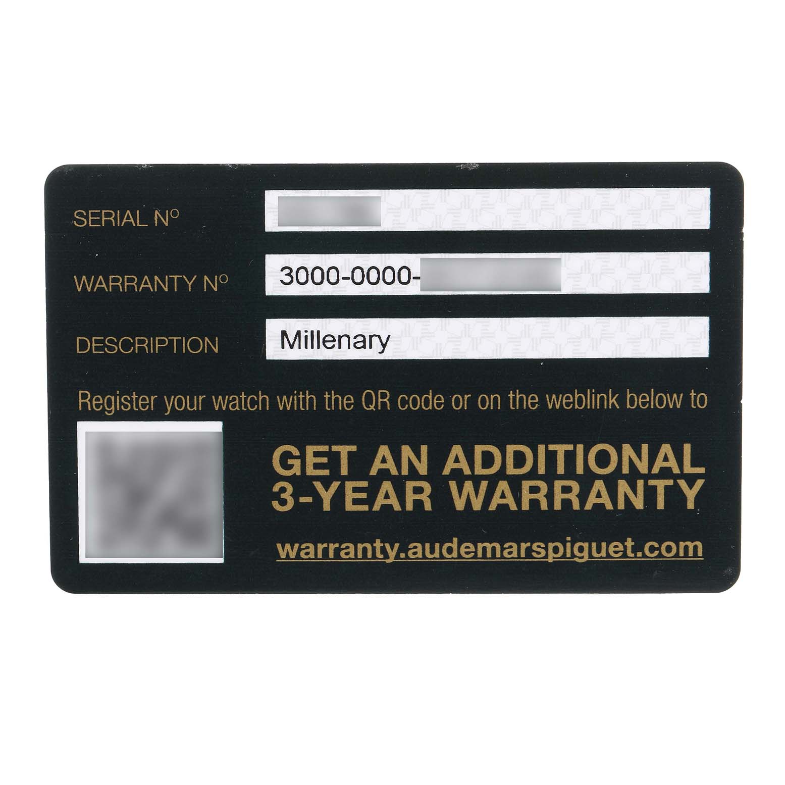 The image shows a warranty card for the Audemars Piguet Millenary 77266OR Women's Rose Gold Brown Dial watch, displaying serial and warranty numbers.